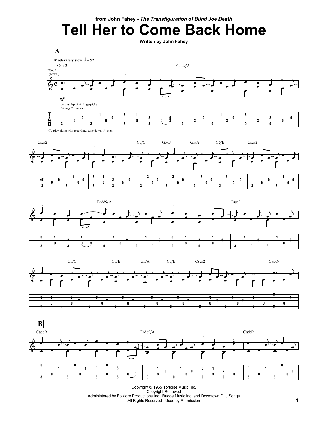 John Fahey Tell Her To Come Back Home Sheet Music Notes & Chords for Guitar Tab - Download or Print PDF John Fahey Tell Her To Come Back Home Sheet Music Notes & Chords for Guitar Tab - Download or Print PDF