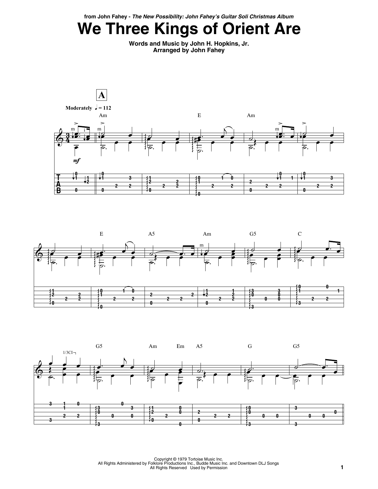 John Fahey We Three Kings Of Orient Are Sheet Music Notes & Chords for Guitar Tab - Download or Print PDF