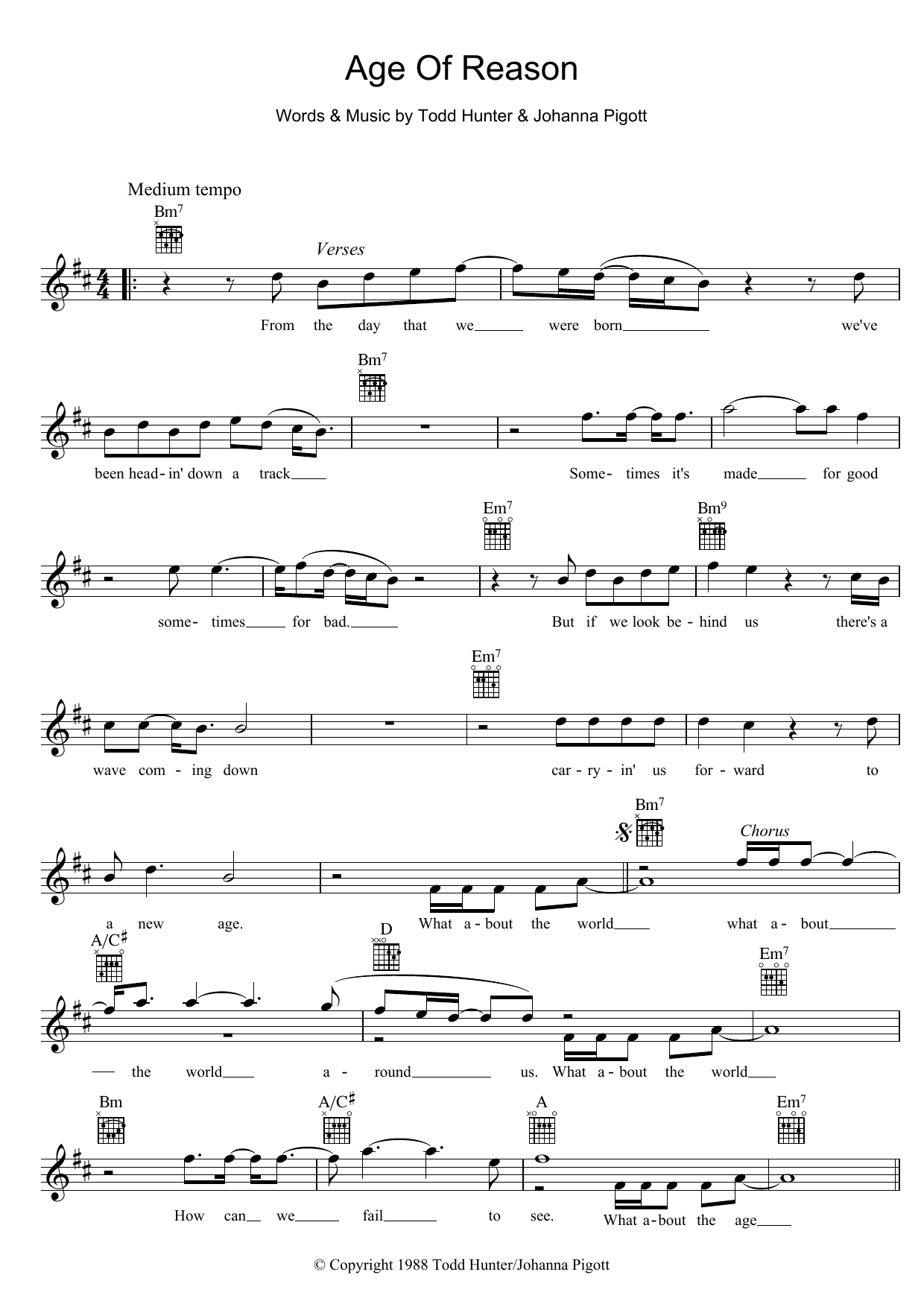 John Farnham Age Of Reason Sheet Music Notes & Chords for Melody Line, Lyrics & Chords - Download or Print PDF