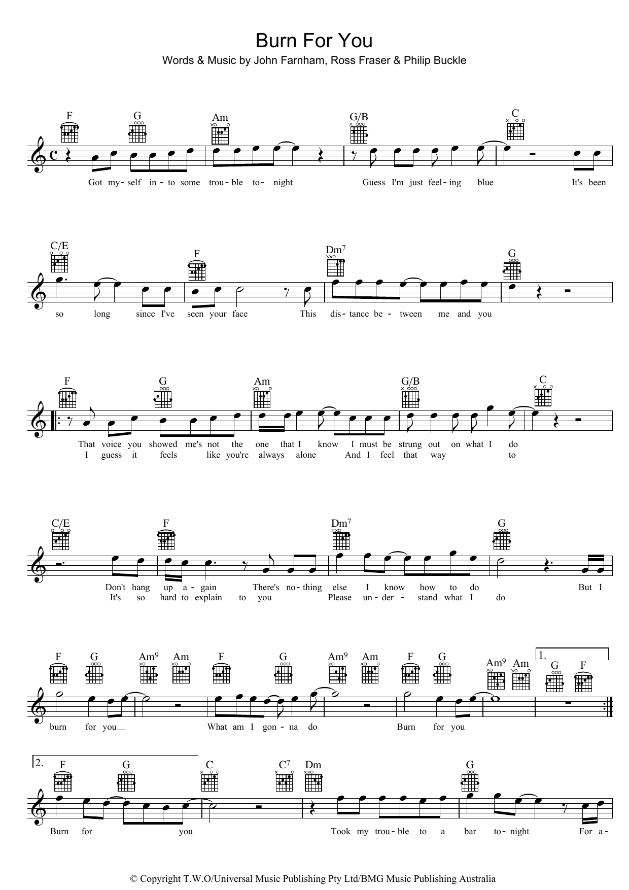 John Farnham Burn For You Sheet Music Notes & Chords for Piano, Vocal & Guitar (Right-Hand Melody) - Download or Print PDF