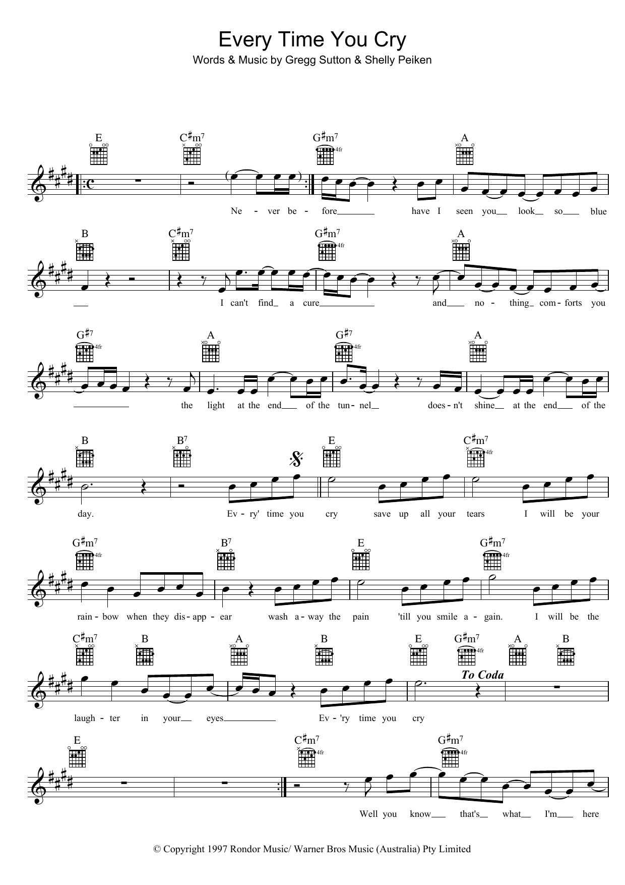 John Farnham Every Time You Cry Sheet Music Notes & Chords for Melody Line, Lyrics & Chords - Download or Print PDF