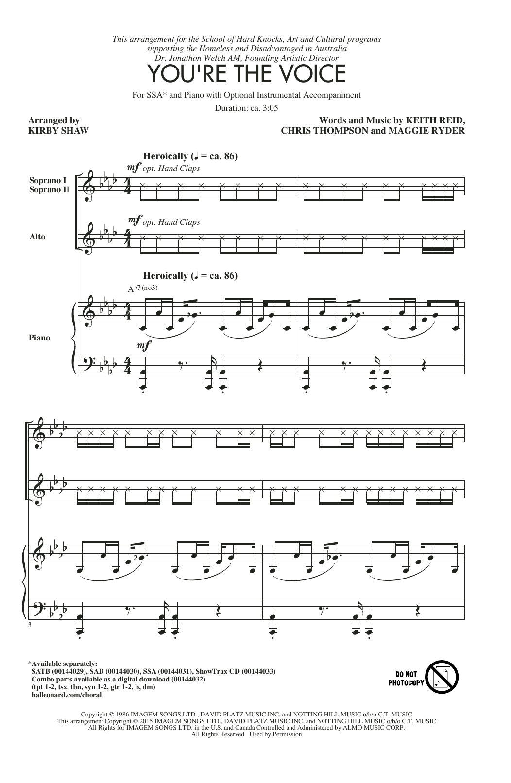 John Farnham You're The Voice (arr. Kirby Shaw) Sheet Music Notes & Chords for SSA - Download or Print PDF