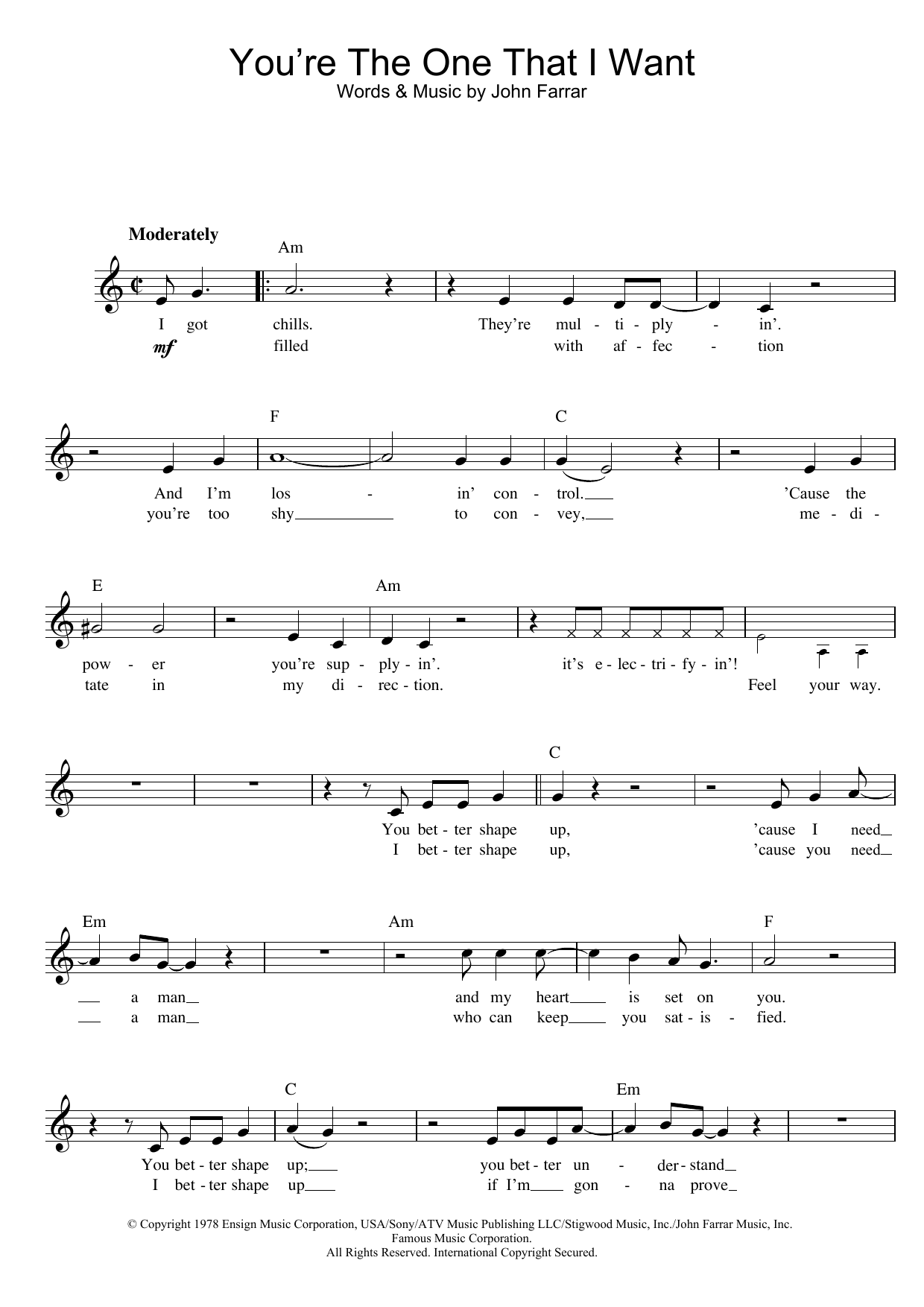 John Farrar You're The One That I Want (from Grease) Sheet Music Notes & Chords for Lead Sheet / Fake Book - Download or Print PDF