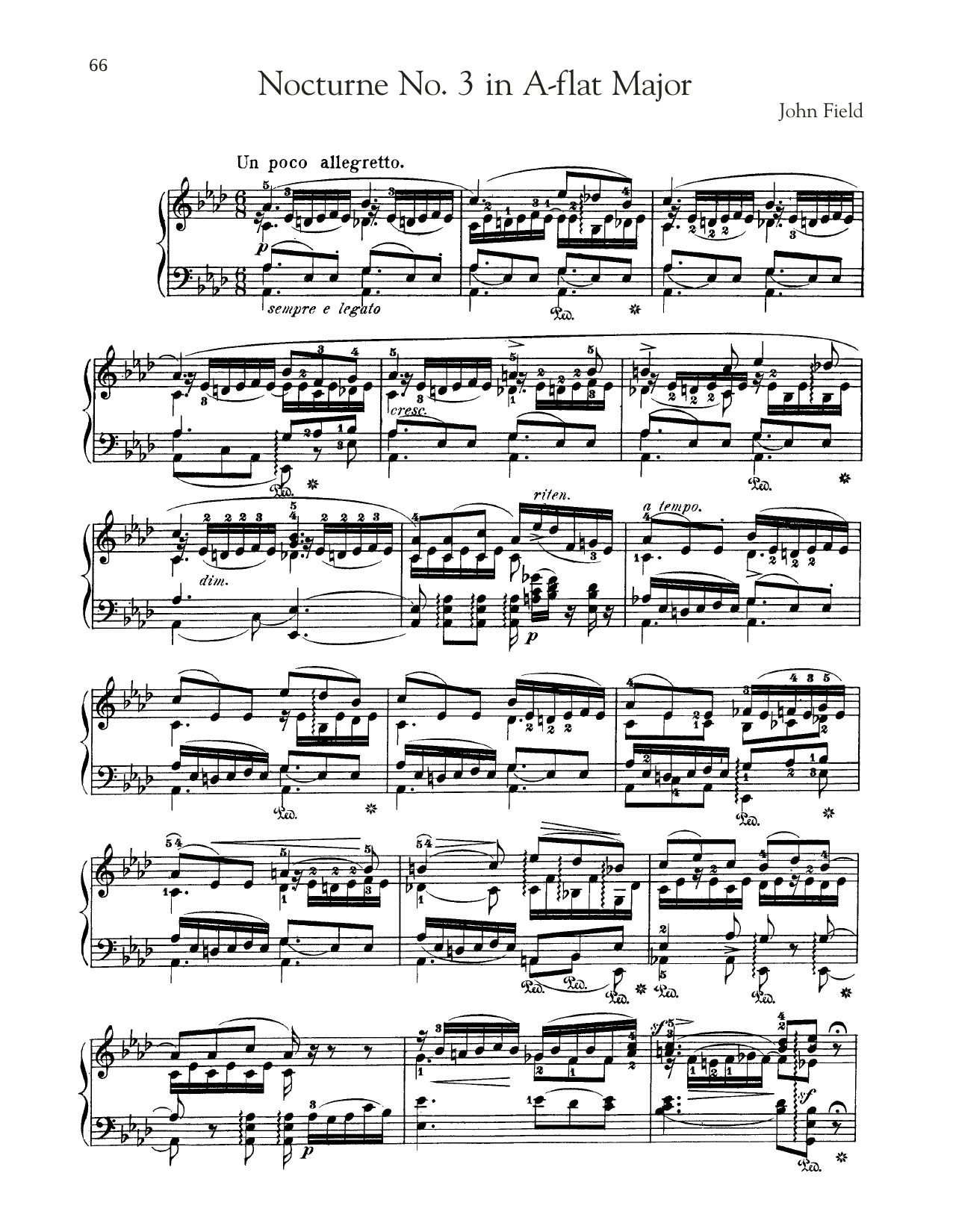 John Field Nocturne No. 3 In A-Flat Major, H. 26 Sheet Music Notes & Chords for Piano Solo - Download or Print PDF