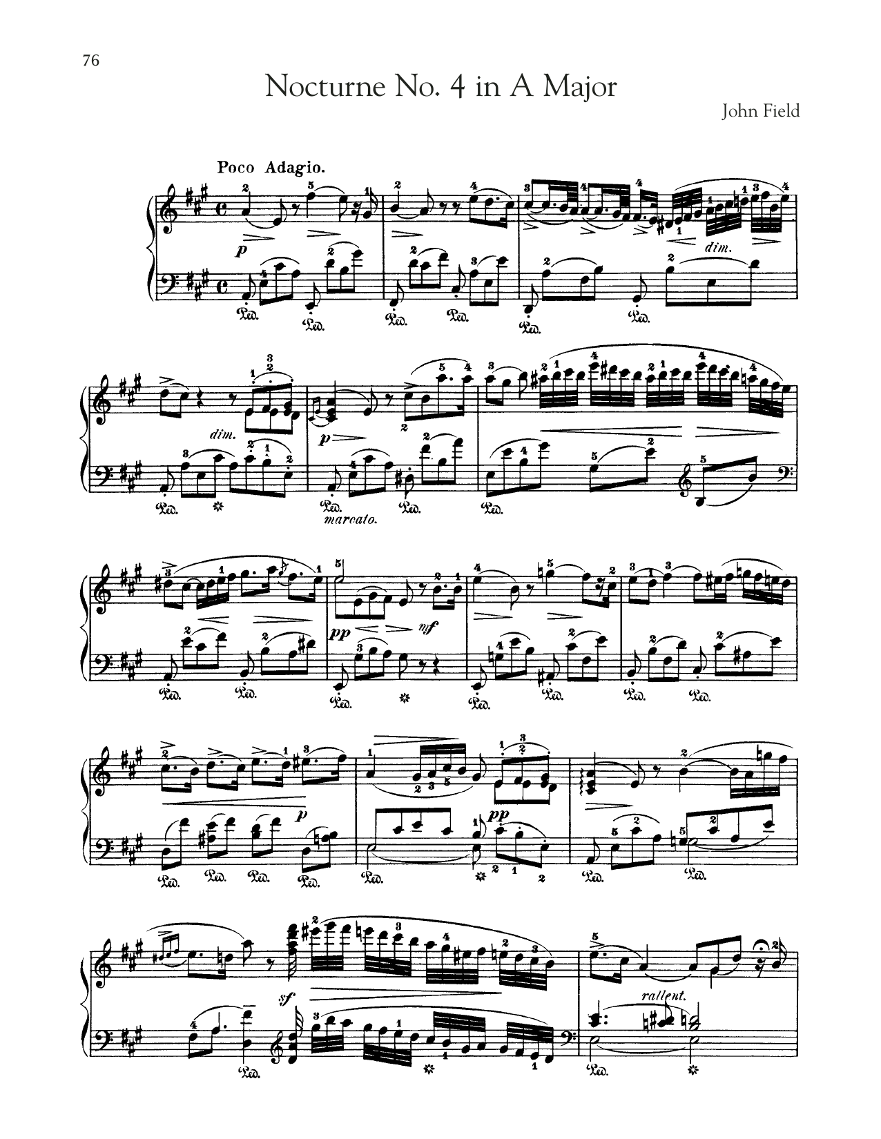 John Field Nocturne No. 4 In A Major, H. 36 Sheet Music Notes & Chords for Piano Solo - Download or Print PDF