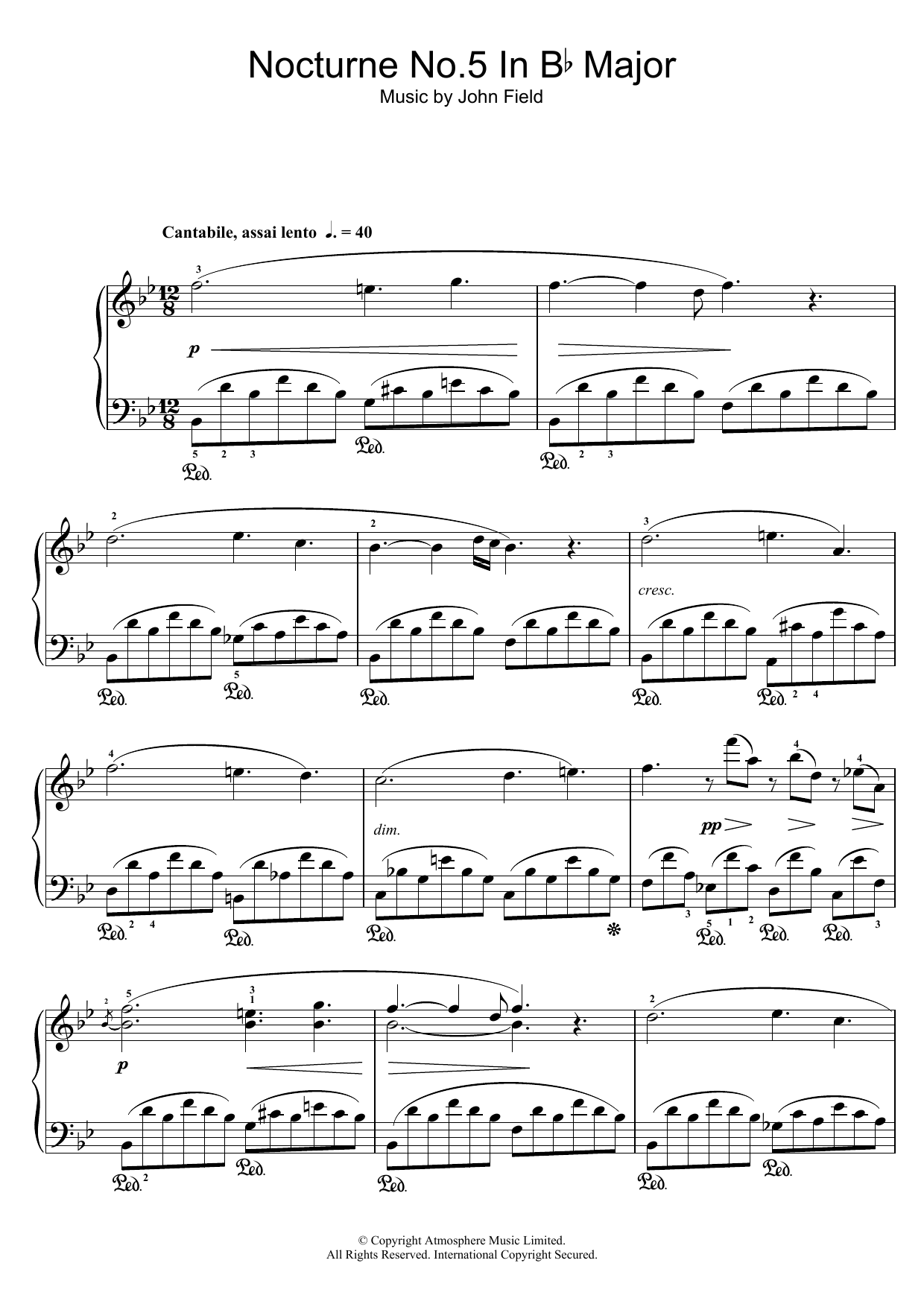 John Field Nocturne No.5 In B Flat Major Sheet Music Notes & Chords for Piano - Download or Print PDF