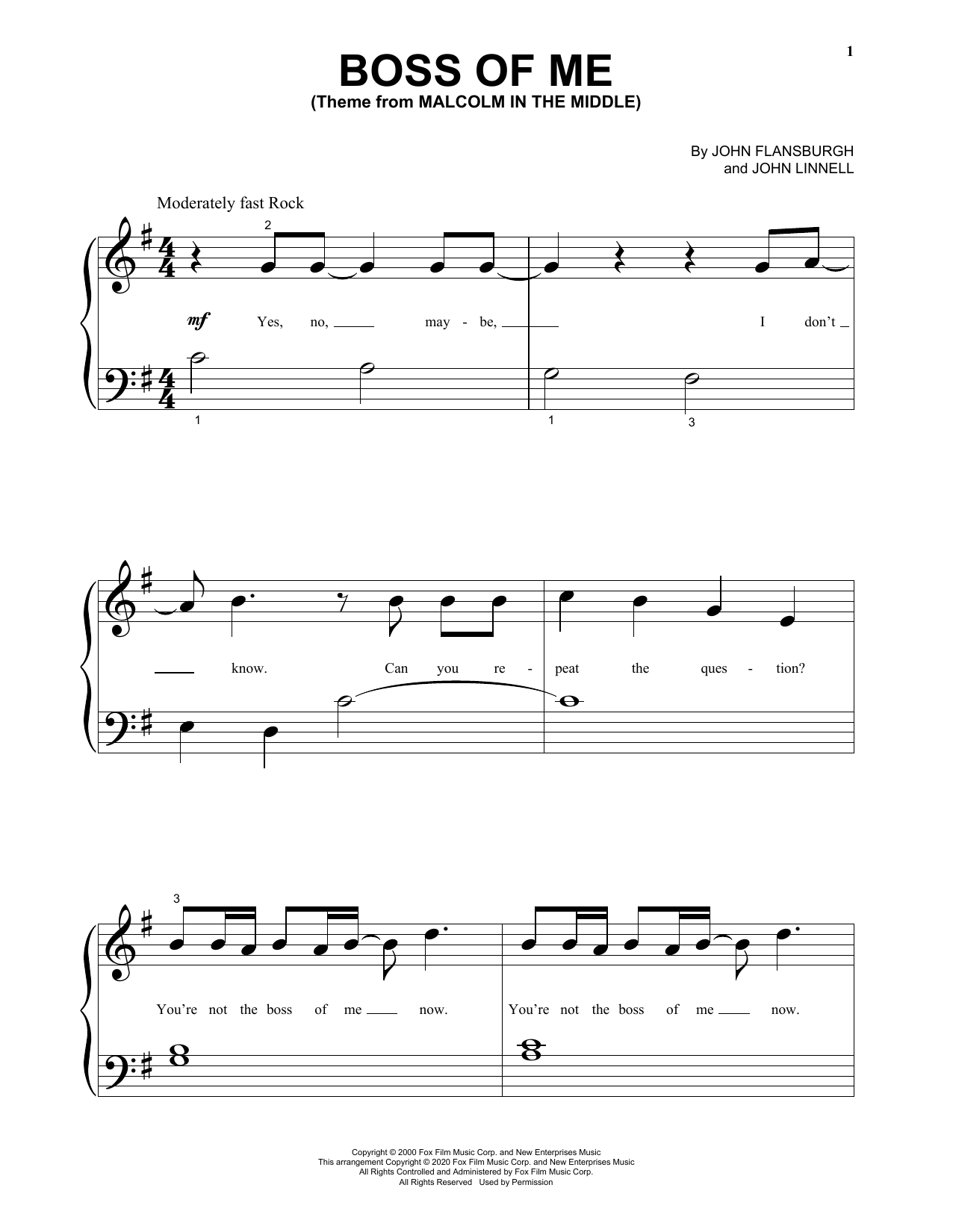 John Flansburgh & John Linnell Boss Of Me (Theme From Malcolm In The Middle) Sheet Music Notes & Chords for Big Note Piano - Download or Print PDF