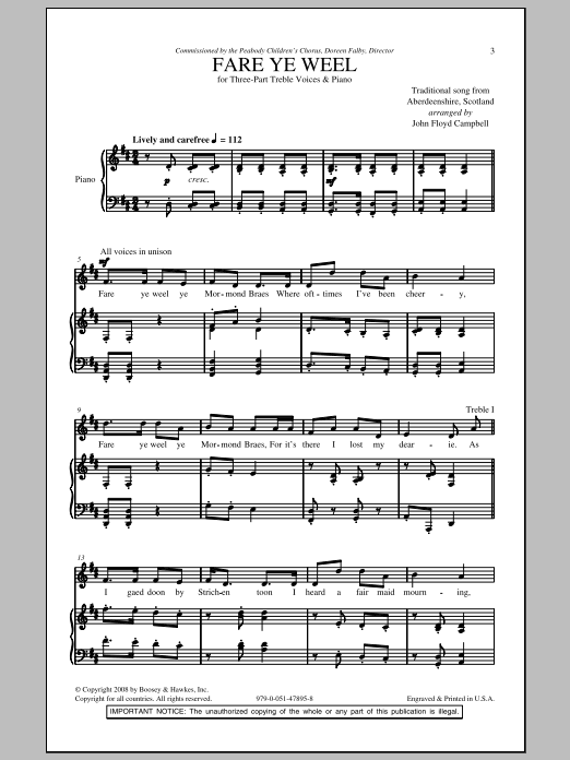 John Floyd Campbell Fare Ye Weel Sheet Music Notes & Chords for 3-Part Treble - Download or Print PDF
