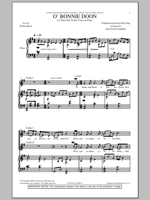 John Floyd Campbell O' Bonnie Doon Sheet Music Notes & Chords for 3-Part Treble - Download or Print PDF