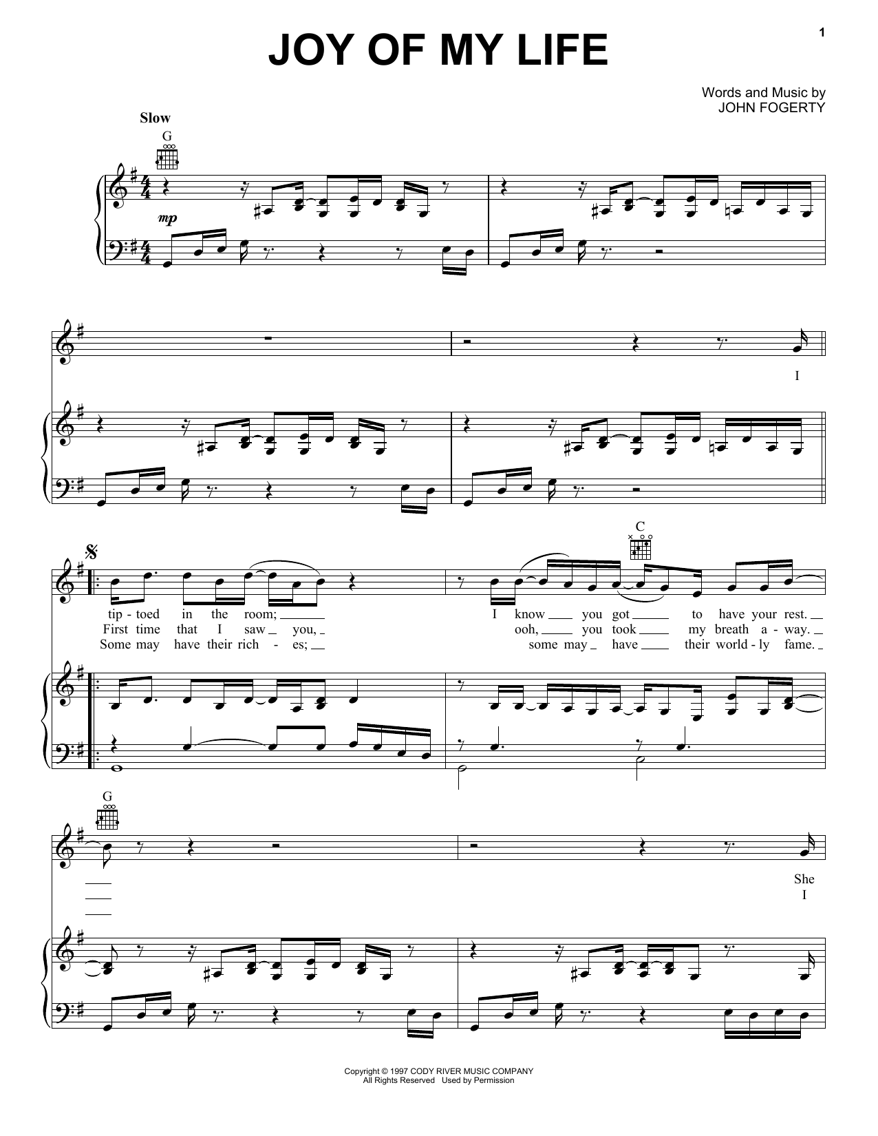 John Fogerty Joy Of My Life Sheet Music Notes & Chords for Piano, Vocal & Guitar Chords (Right-Hand Melody) - Download or Print PDF