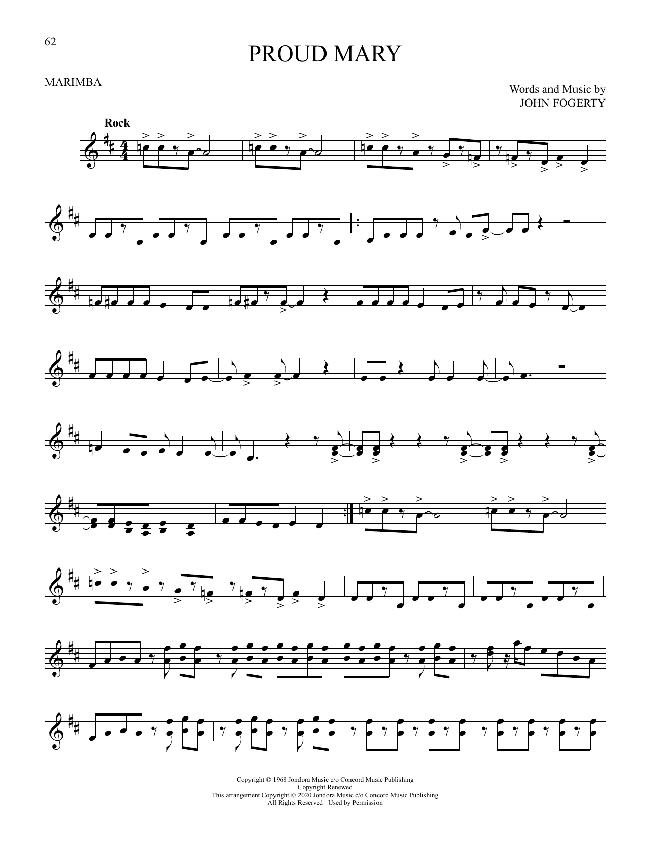John Fogerty Proud Mary Sheet Music Notes & Chords for Marimba Solo - Download or Print PDF