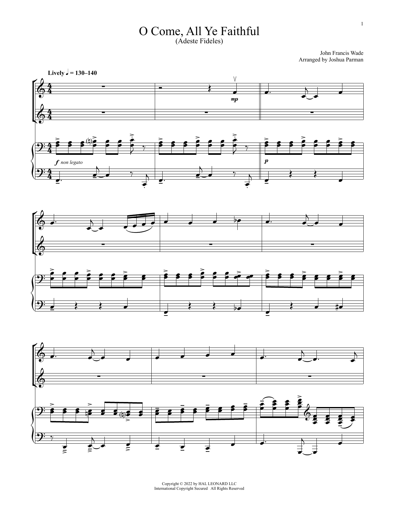 John Francis Wade O Come, All Ye Faithful (for Violin Duet and Piano) Sheet Music Notes & Chords for Violin and Piano - Download or Print PDF