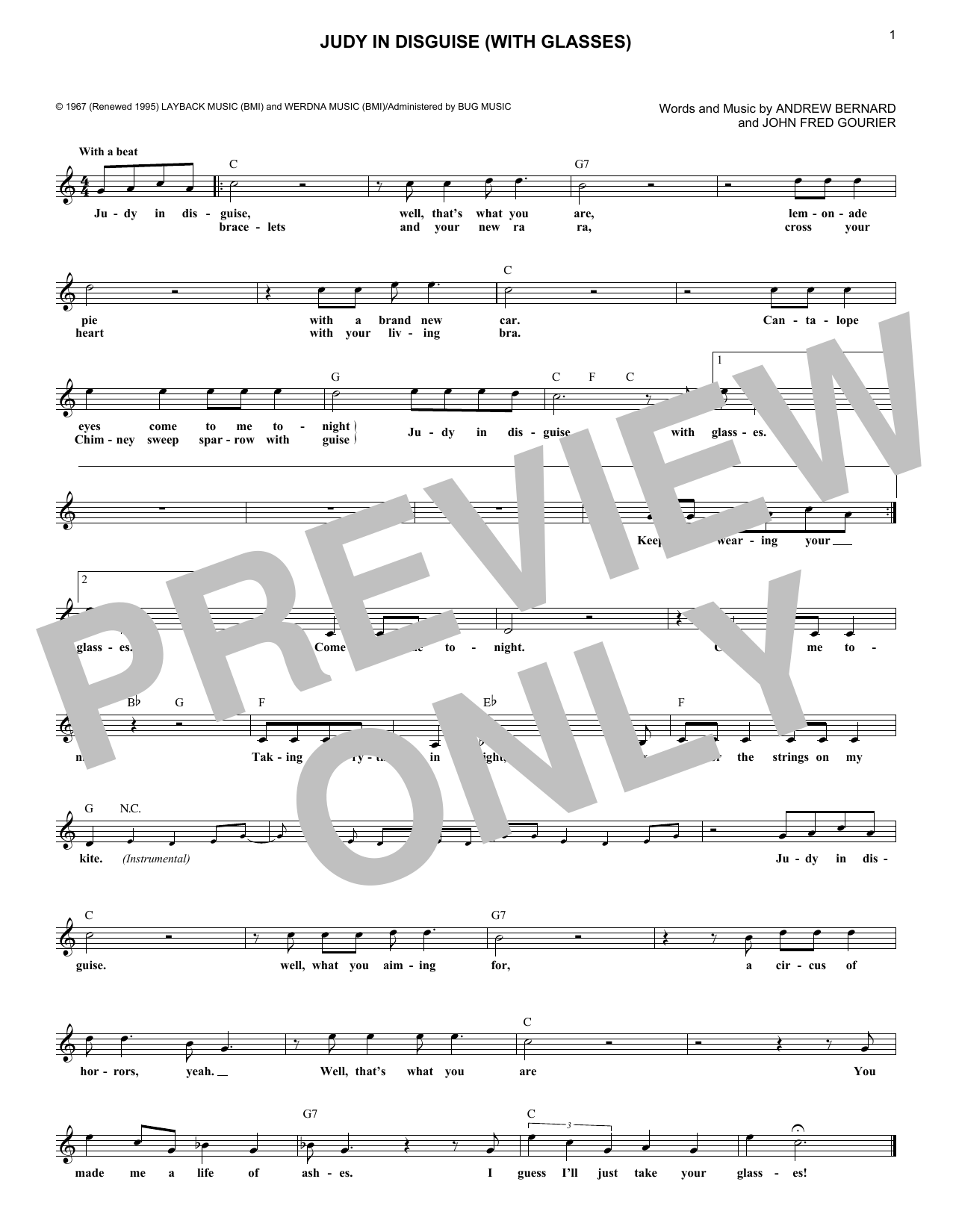 John Fred Gourier Judy In Disguise (With Glasses) Sheet Music Notes & Chords for Melody Line, Lyrics & Chords - Download or Print PDF