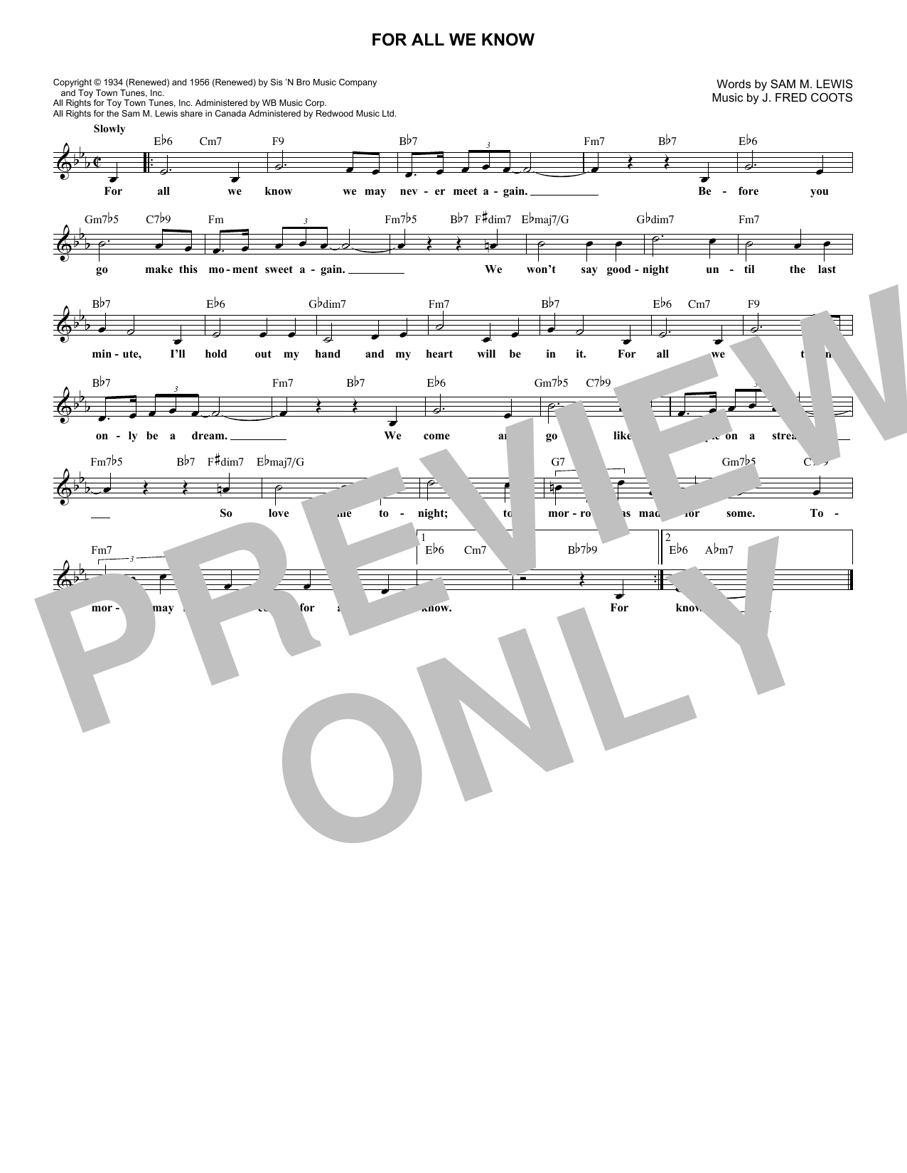 J. Fred Coots For All We Know Sheet Music Notes & Chords for Melody Line, Lyrics & Chords - Download or Print PDF
