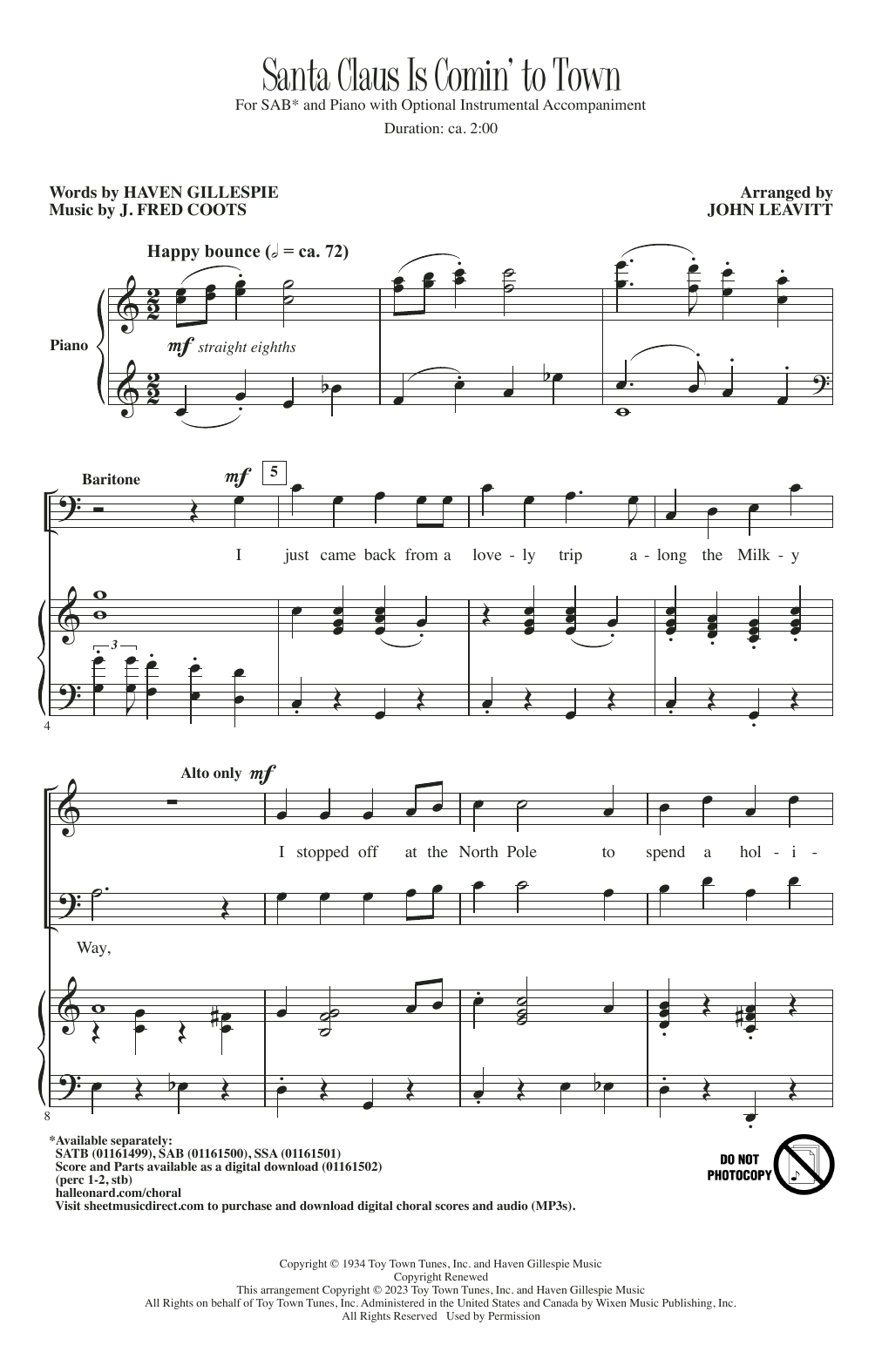 J. Fred Coots Santa Claus Is Comin' To Town (arr. John Leavitt) Sheet Music Notes & Chords for SAB Choir - Download or Print PDF