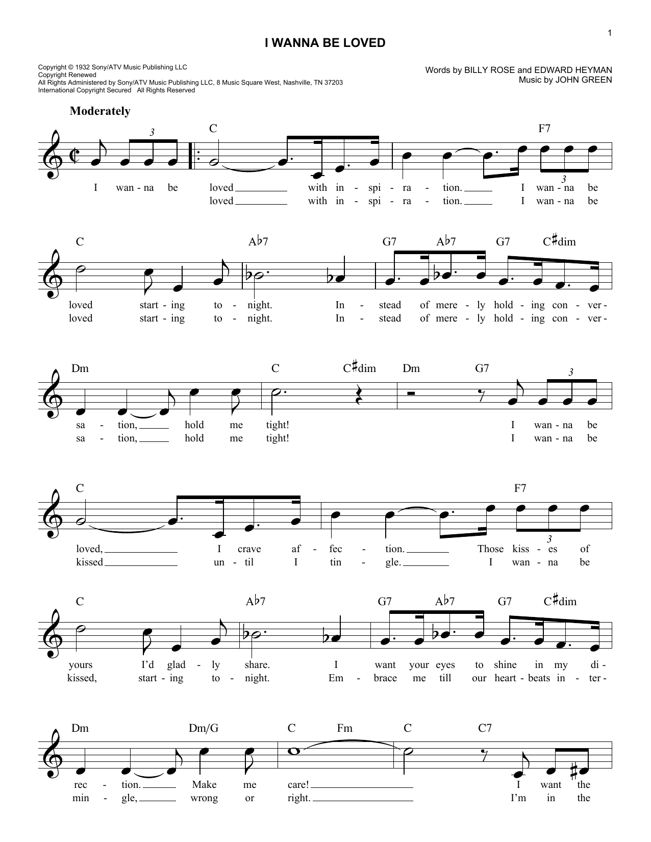 John Green I Wanna Be Loved Sheet Music Notes & Chords for Melody Line, Lyrics & Chords - Download or Print PDF