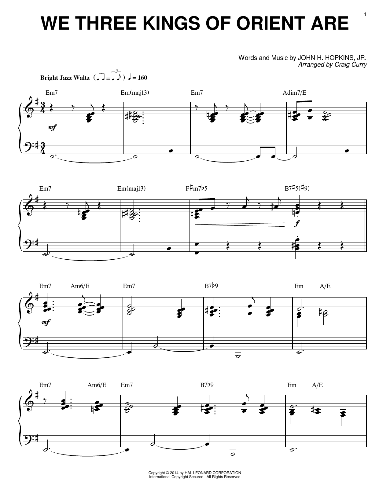 Craig Curry We Three Kings Of Orient Are Sheet Music Notes & Chords for Piano - Download or Print PDF