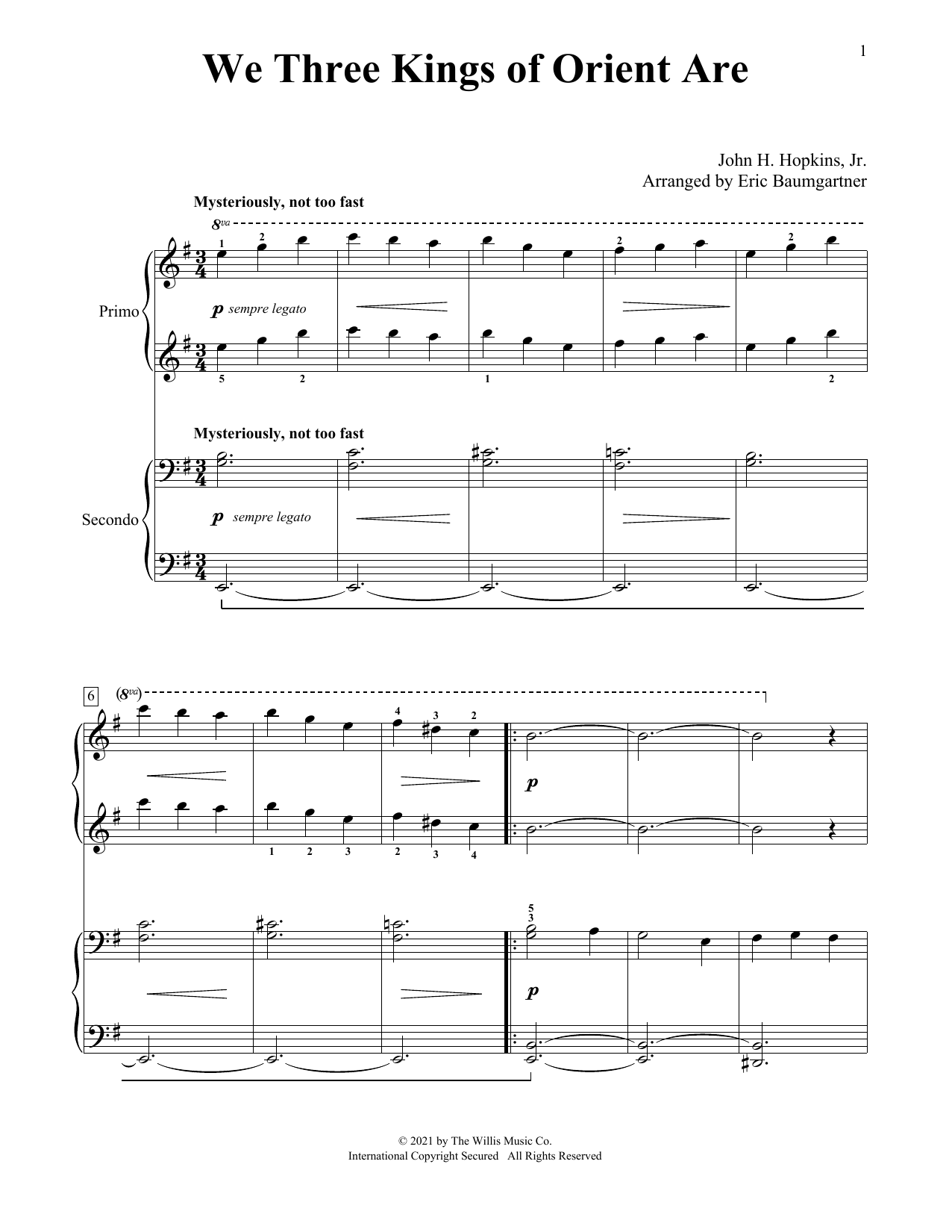 John H. Hopkins, Jr. We Three Kings Of Orient Are (arr. Eric Baumgartner) Sheet Music Notes & Chords for Piano Duet - Download or Print PDF