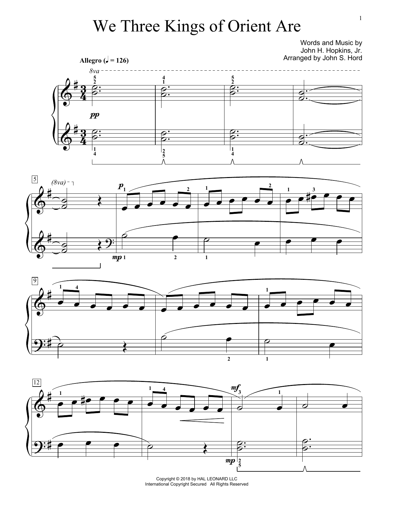 John H. Hopkins, Jr. We Three Kings Of Orient Are (arr. John S. Hord) Sheet Music Notes & Chords for Educational Piano - Download or Print PDF