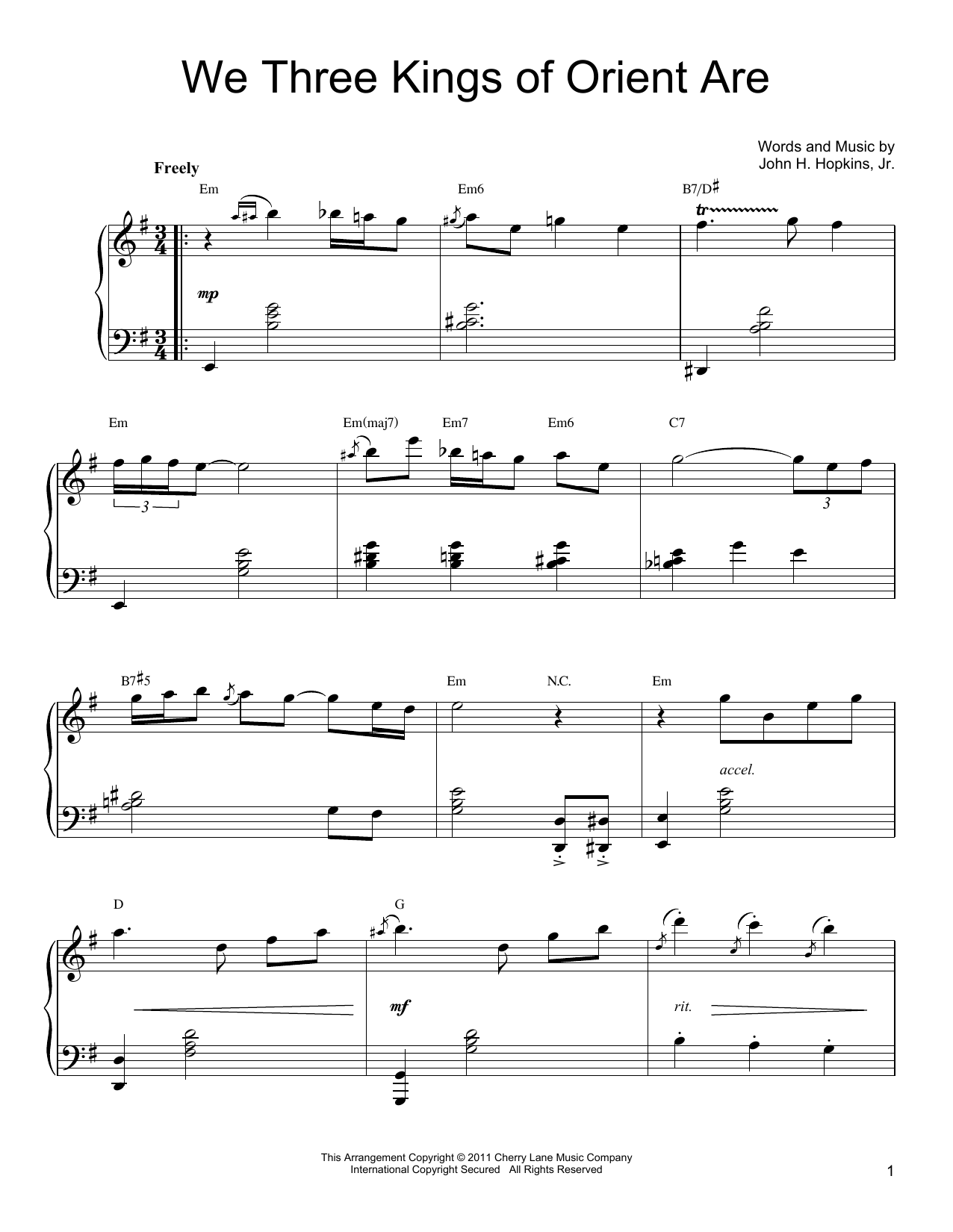 John H. Hopkins, Jr. We Three Kings Of Orient Are Sheet Music Notes & Chords for Piano - Download or Print PDF