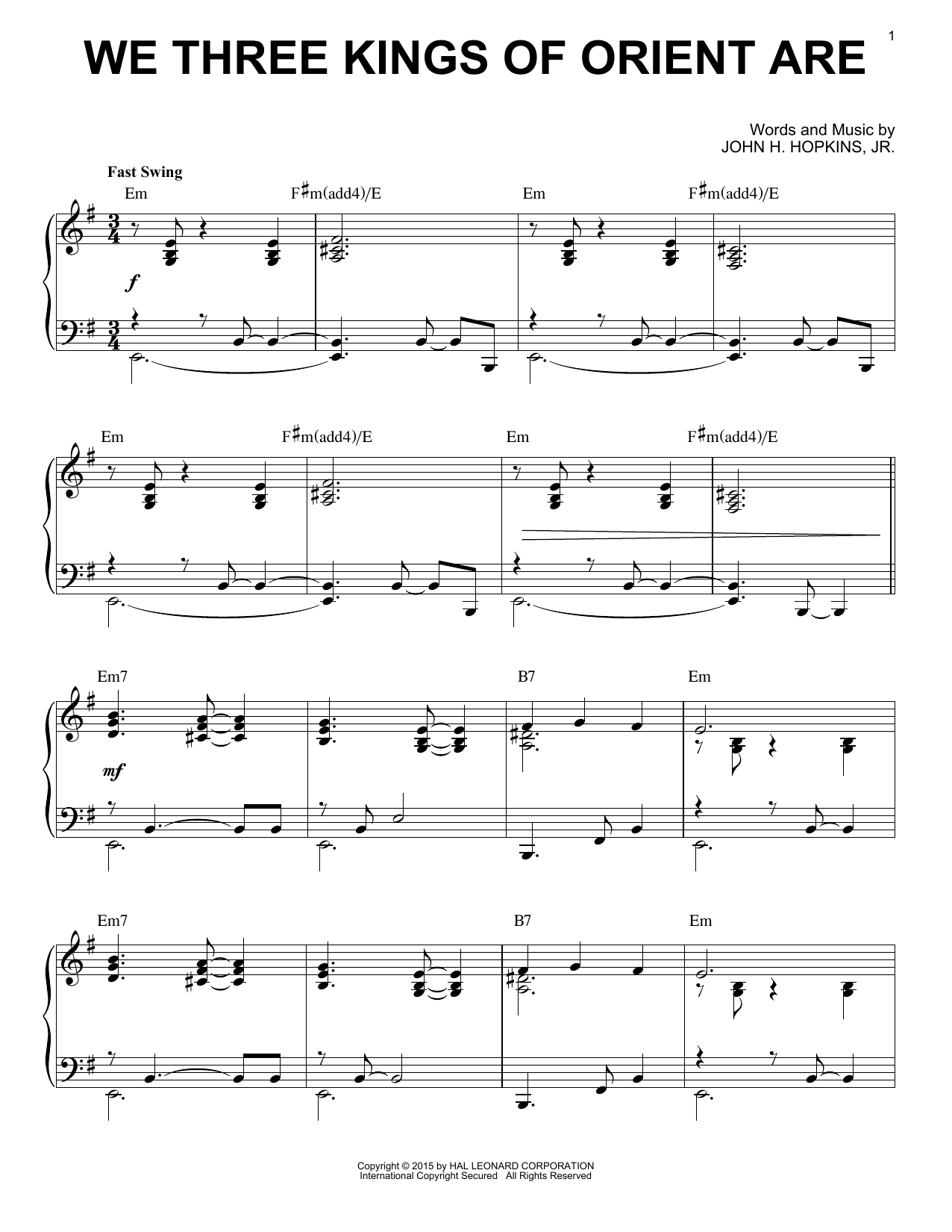 John H. Hopkins, Jr. We Three Kings Of Orient Are [Jazz version] (arr. Brent Edstrom) Sheet Music Notes & Chords for Piano - Download or Print PDF