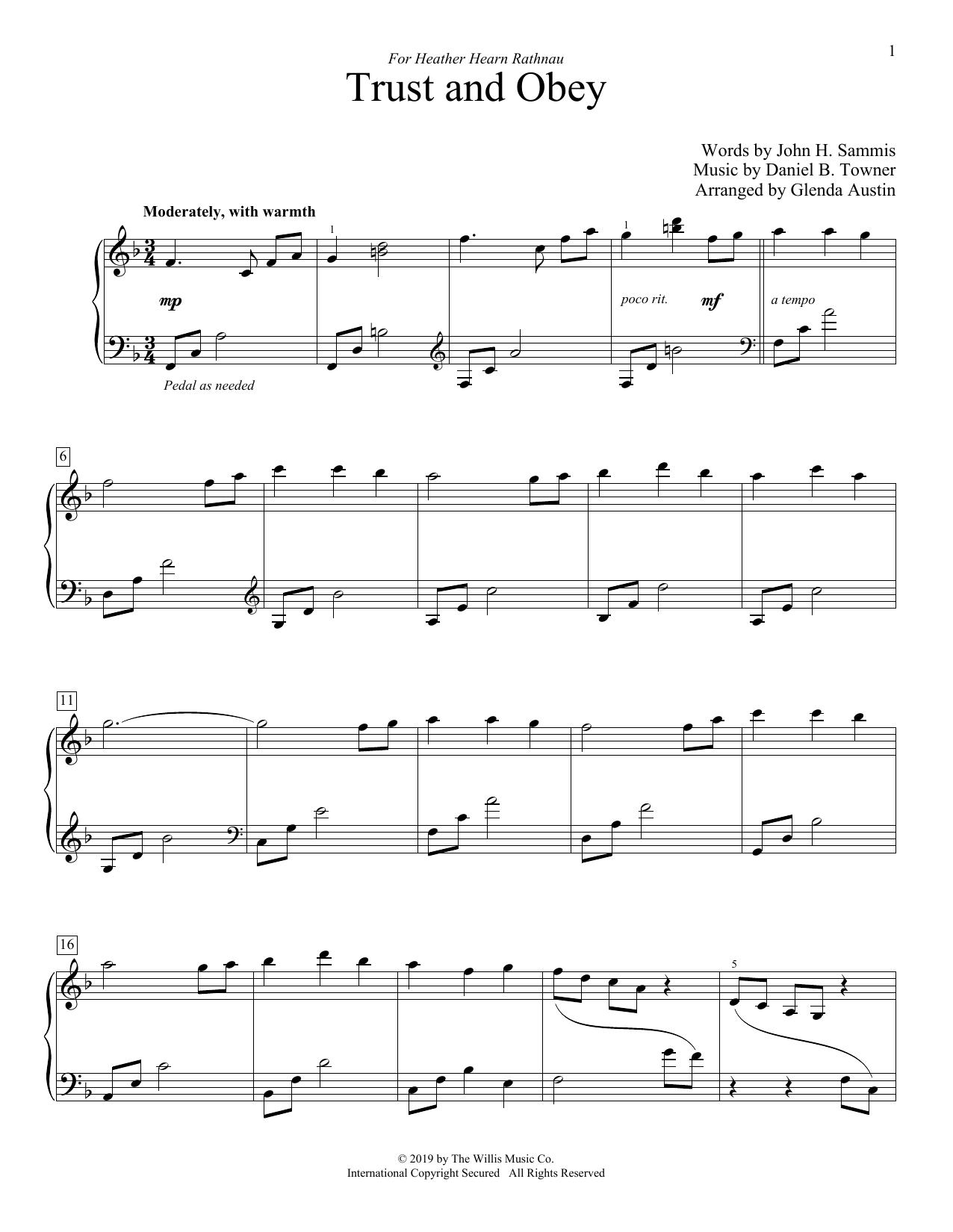 John H. Sammis Trust And Obey (arr. Glenda Austin) Sheet Music Notes & Chords for Educational Piano - Download or Print PDF
