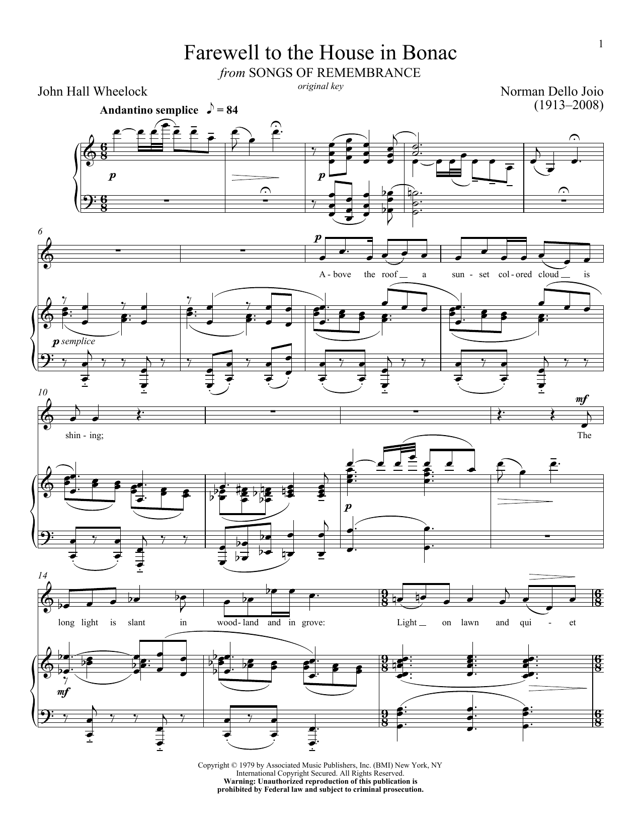 John Hall Wheelock Farewell To The House In Bonac Sheet Music Notes & Chords for Piano & Vocal - Download or Print PDF