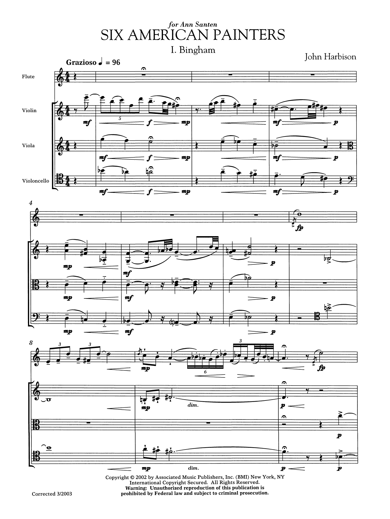 John Harbison Six American Painters (flute version) Sheet Music Notes & Chords for Chamber Group - Download or Print PDF