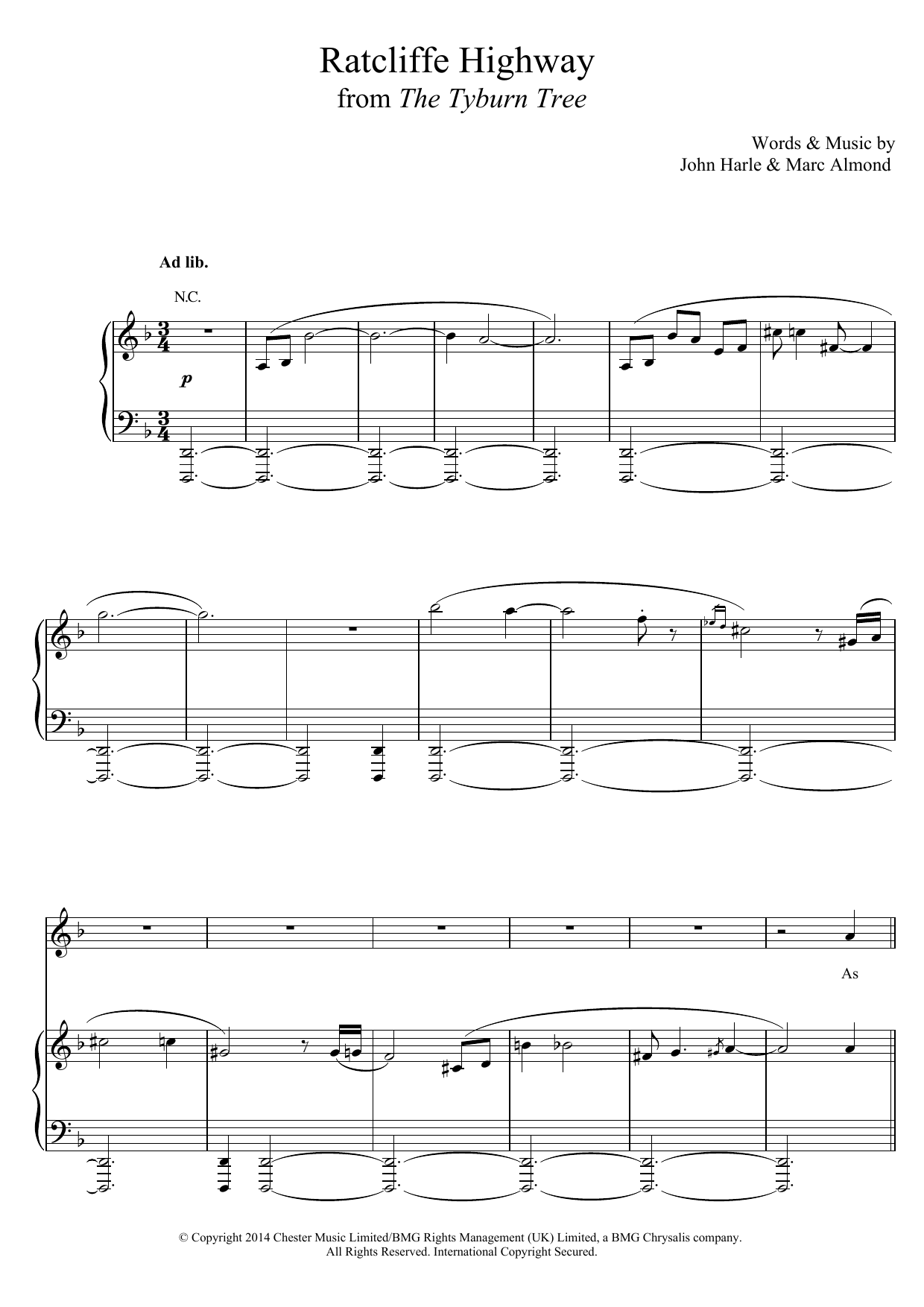 John Harle & Marc Almond Ratcliffe Highway Sheet Music Notes & Chords for Piano, Vocal & Guitar (Right-Hand Melody) - Download or Print PDF