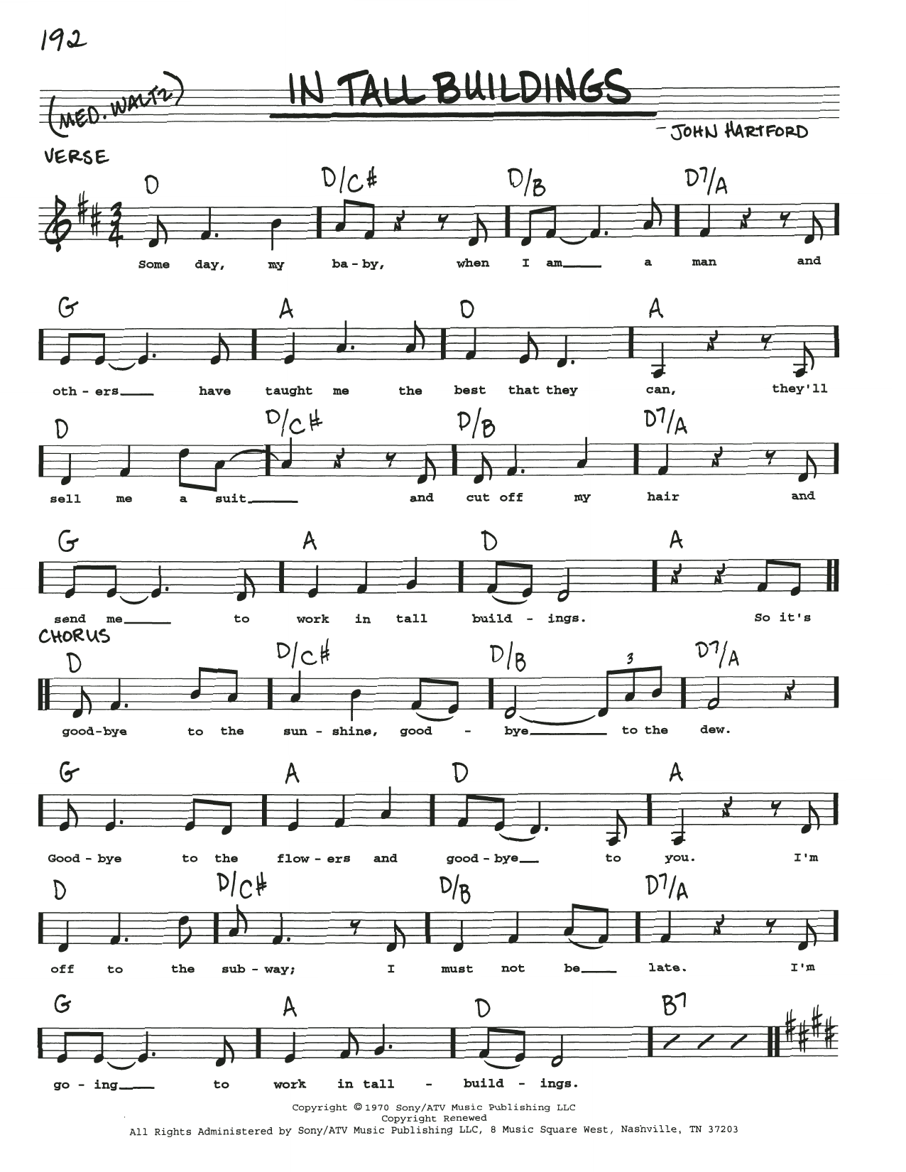 John Hartford In Tall Buildings Sheet Music Notes & Chords for Real Book – Melody, Lyrics & Chords - Download or Print PDF