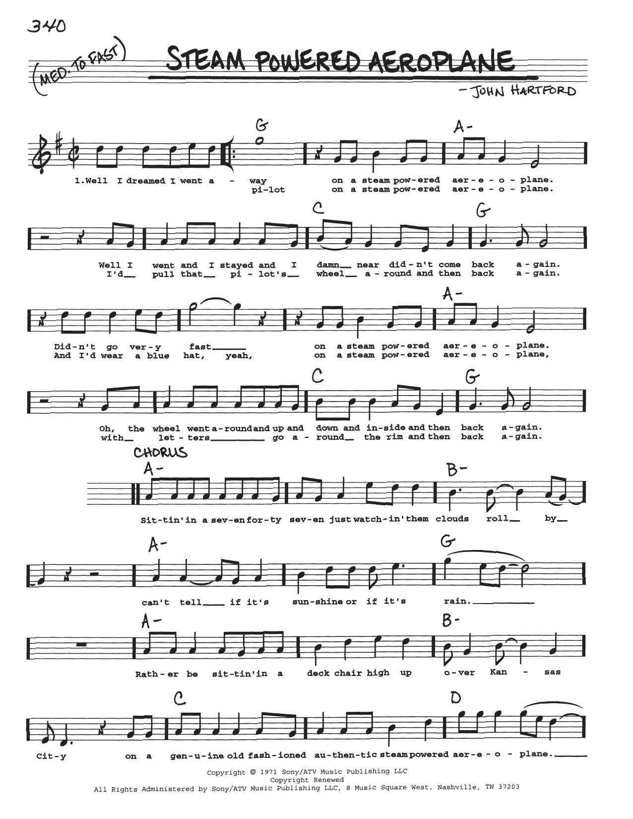 John Hartford Steam Powered Aeroplane Sheet Music Notes & Chords for Real Book – Melody, Lyrics & Chords - Download or Print PDF