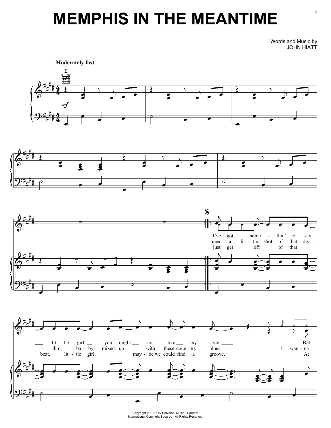 John Hiatt Memphis In The Meantime Sheet Music Notes & Chords for Piano, Vocal & Guitar (Right-Hand Melody) - Download or Print PDF