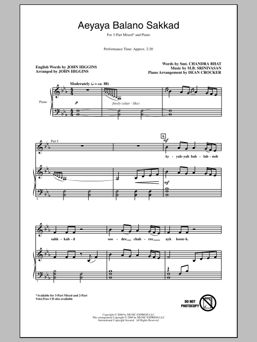 John Higgins Aeyaya Balano Sakkad Sheet Music Notes & Chords for 2-Part Choir - Download or Print PDF