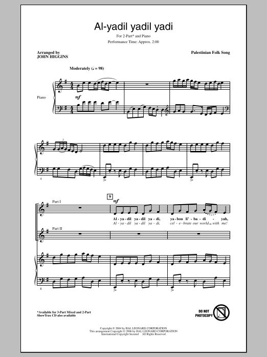 Traditional Al-Yadil Yadil Yadi (arr. John Higgins) Sheet Music Notes & Chords for 3-Part Mixed - Download or Print PDF