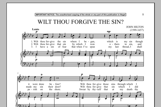 John Hilton Wilt Thou Forgive The Sin? Sheet Music Notes & Chords for Piano & Vocal - Download or Print PDF John Hilton Wilt Thou Forgive The Sin? Sheet Music Notes & Chords for Piano & Vocal - Download or Print PDF