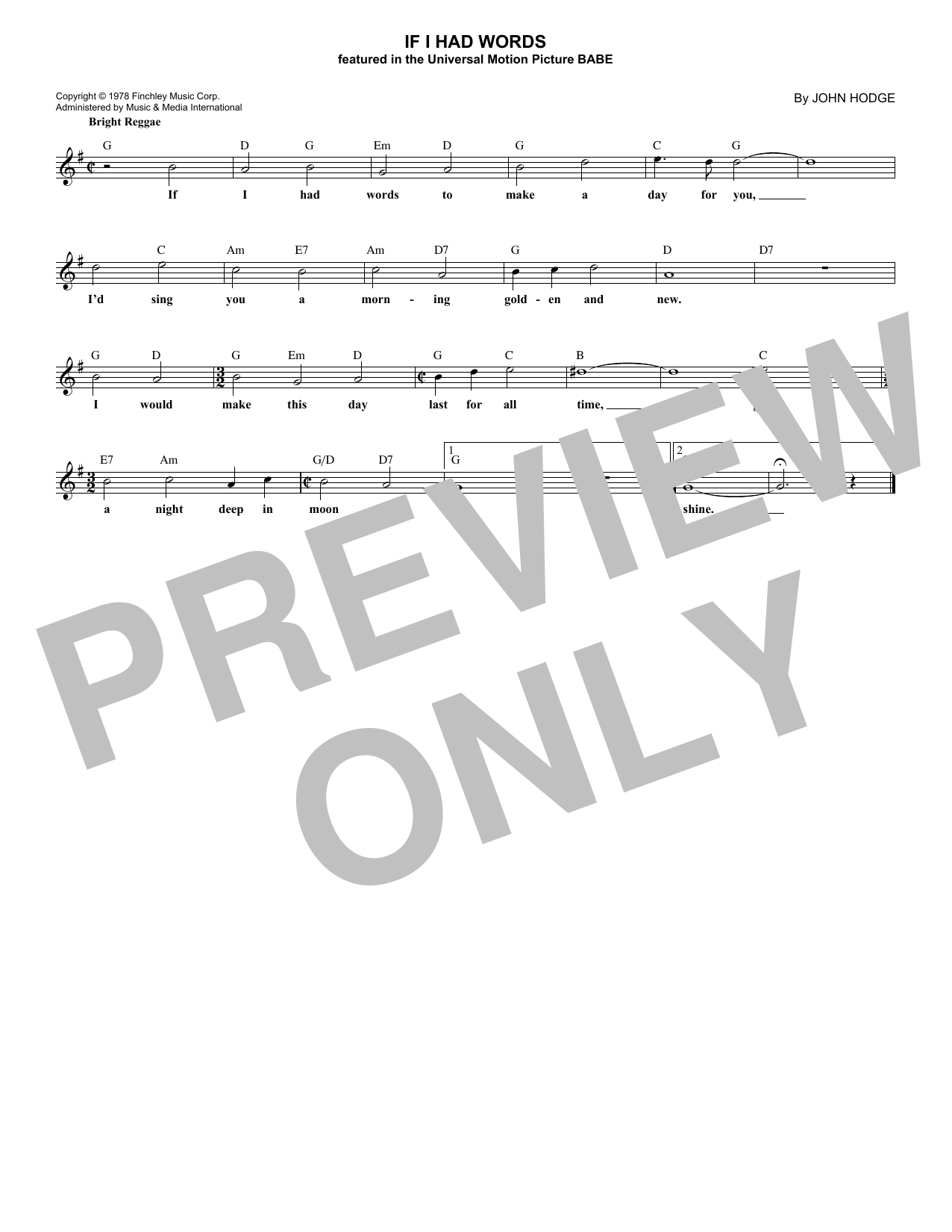 John Hodge If I Had Words Sheet Music Notes & Chords for Melody Line, Lyrics & Chords - Download or Print PDF