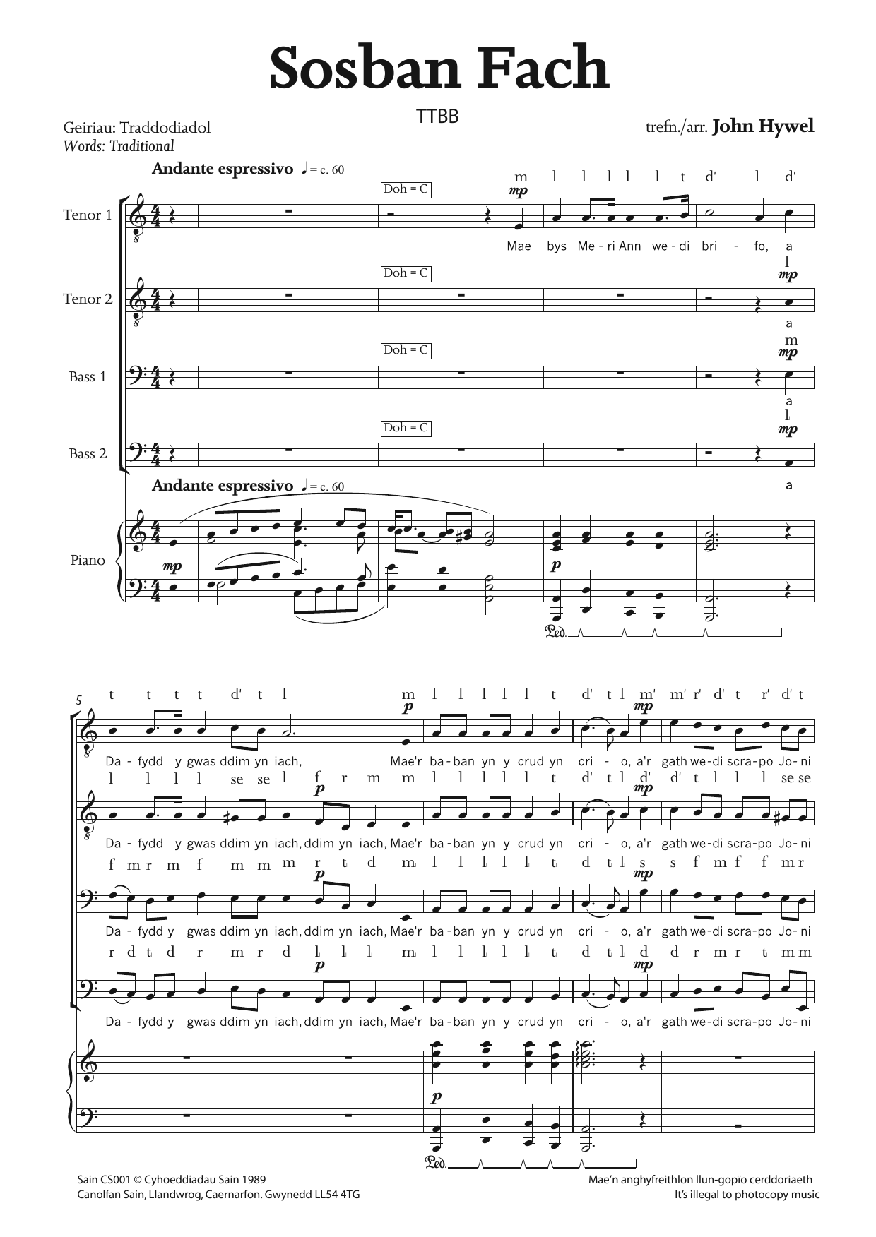 John Hywel Sosban Fach Sheet Music Notes & Chords for TTBB - Download or Print PDF