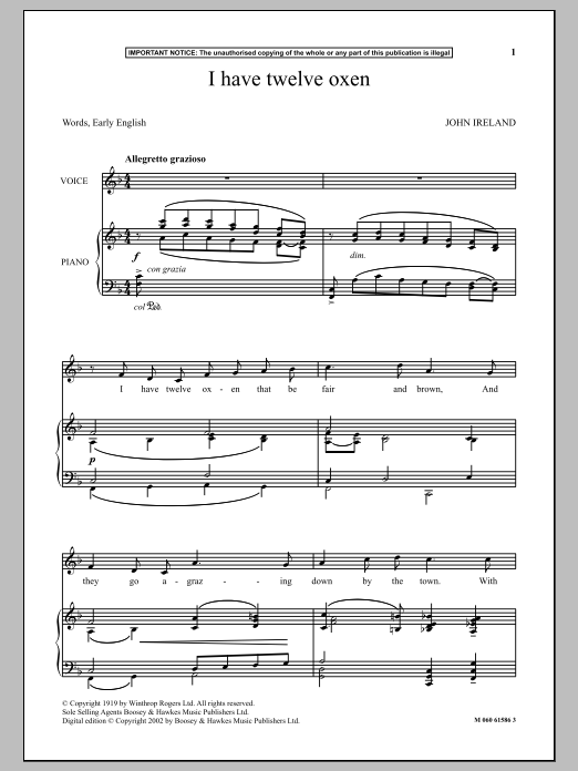 John Ireland I Have Twelve Oxen Sheet Music Notes & Chords for Piano & Vocal - Download or Print PDF