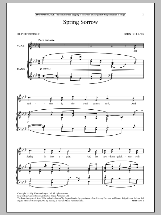 John Ireland Spring Sorrow Sheet Music Notes & Chords for Piano & Vocal - Download or Print PDF
