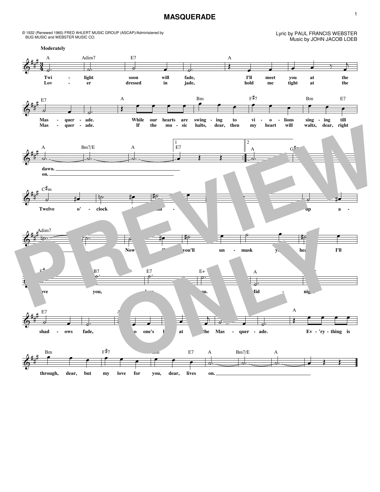 John Jacob Loeb Masquerade Sheet Music Notes & Chords for Melody Line, Lyrics & Chords - Download or Print PDF