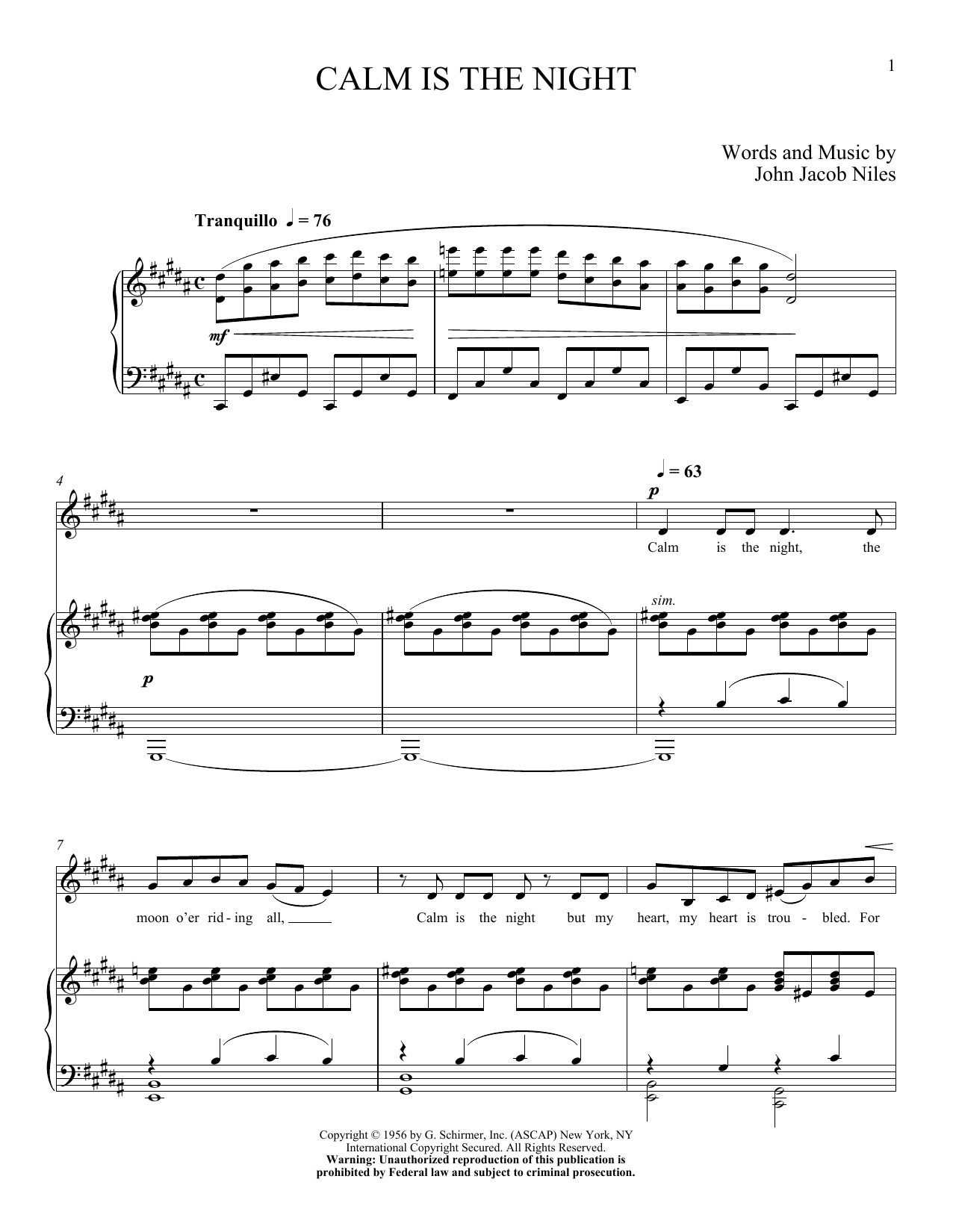 John Jacob Niles Calm Is The Night Sheet Music Notes & Chords for Piano & Vocal - Download or Print PDF