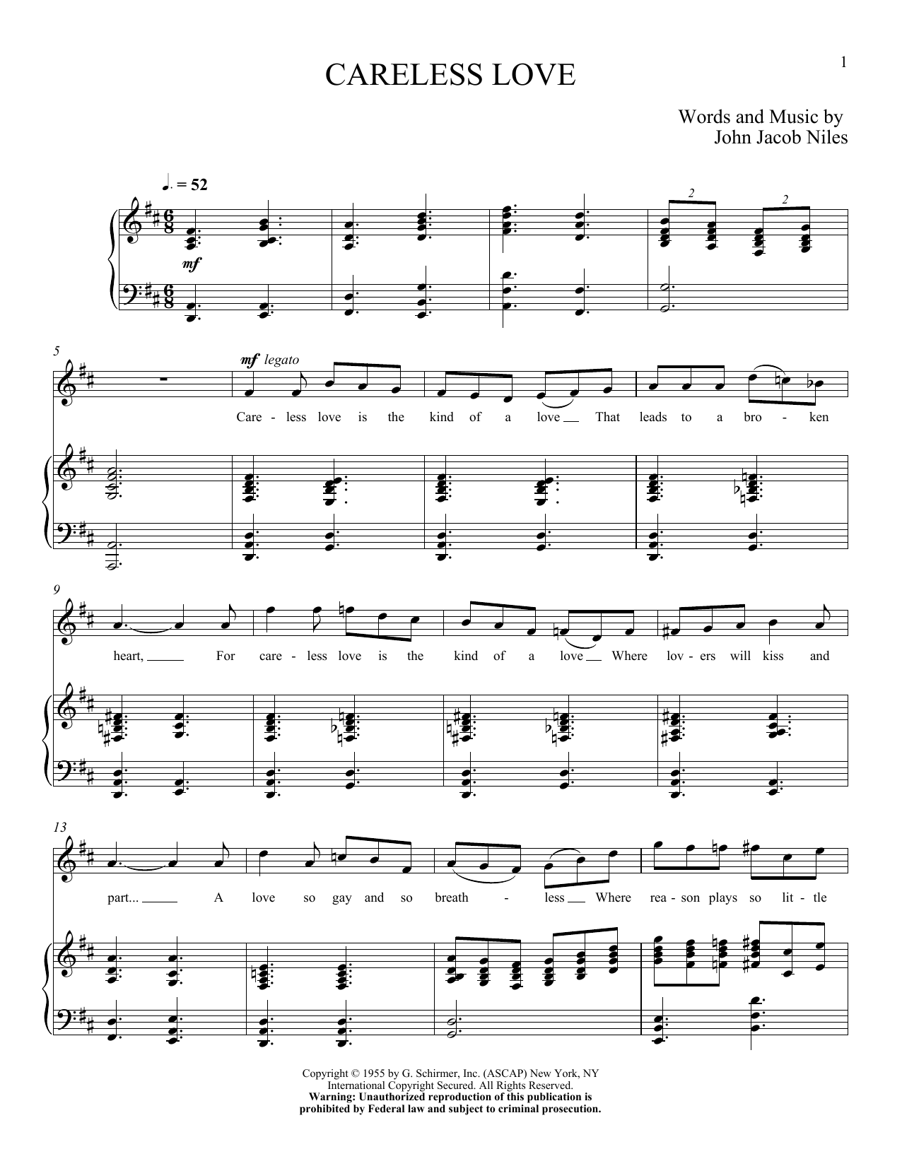 John Jacob Niles Careless Love Sheet Music Notes & Chords for Piano & Vocal - Download or Print PDF
