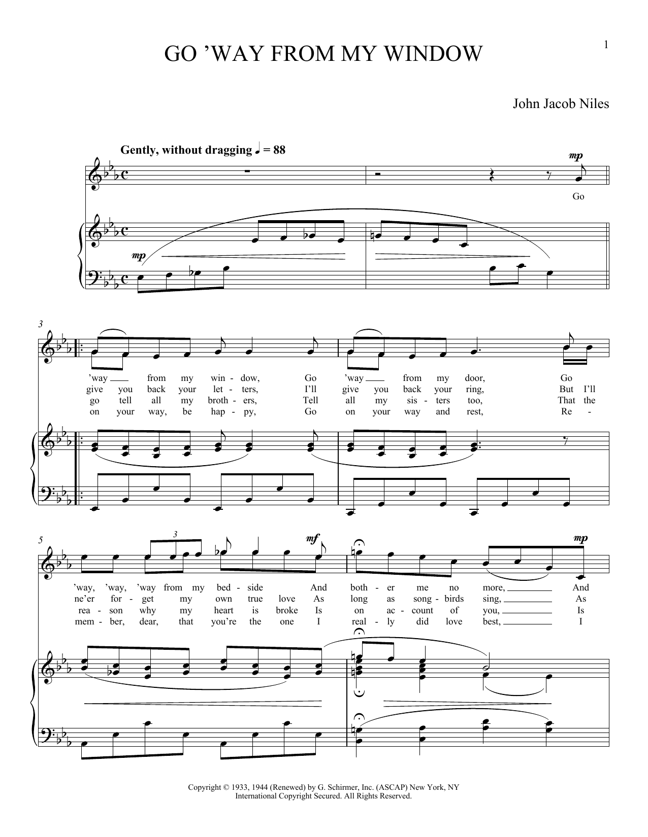 John Jacob Niles Go 'Way From My Window Sheet Music Notes & Chords for Piano & Vocal - Download or Print PDF