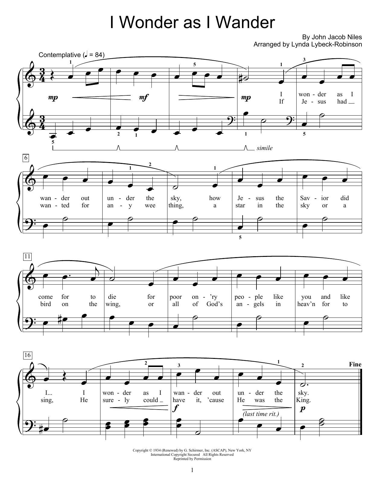 John Jacob Niles I Wonder As I Wander (arr. Lynda Lybeck-Robinson) Sheet Music Notes & Chords for Educational Piano - Download or Print PDF