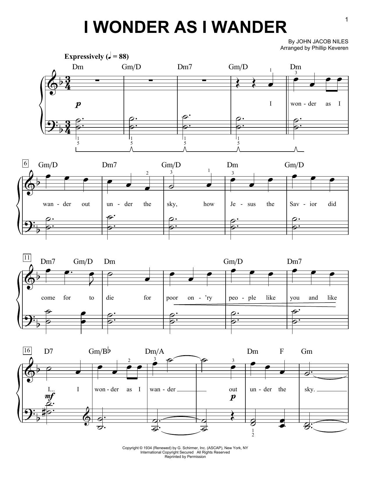 John Jacob Niles I Wonder As I Wander (arr. Phillip Keveren) Sheet Music Notes & Chords for Easy Piano - Download or Print PDF