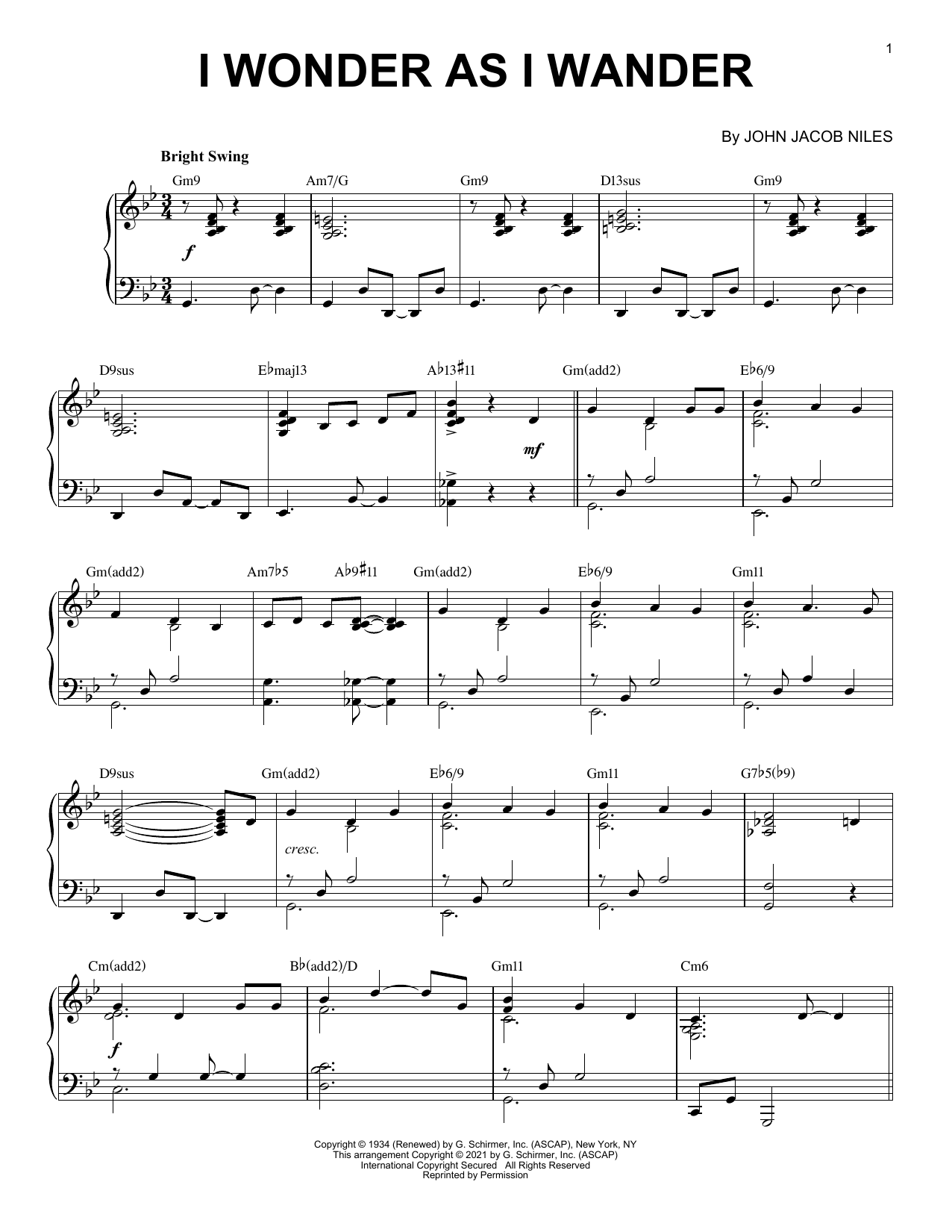 John Jacob Niles I Wonder As I Wander [Jazz version] (arr. Brent Edstrom) Sheet Music Notes & Chords for Piano Solo - Download or Print PDF
