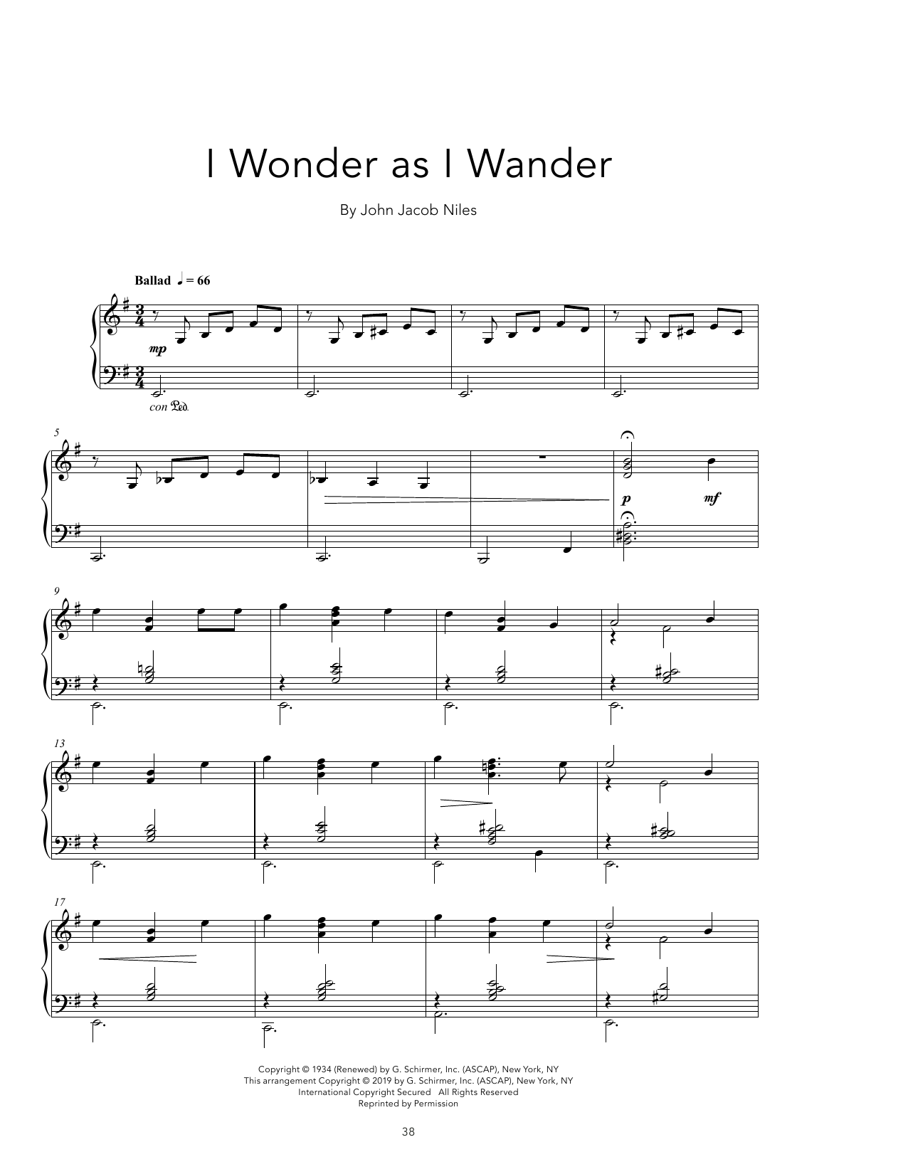 John Jacob Niles I Wonder As I Wander [Peaceful version] Sheet Music Notes & Chords for Piano Solo - Download or Print PDF