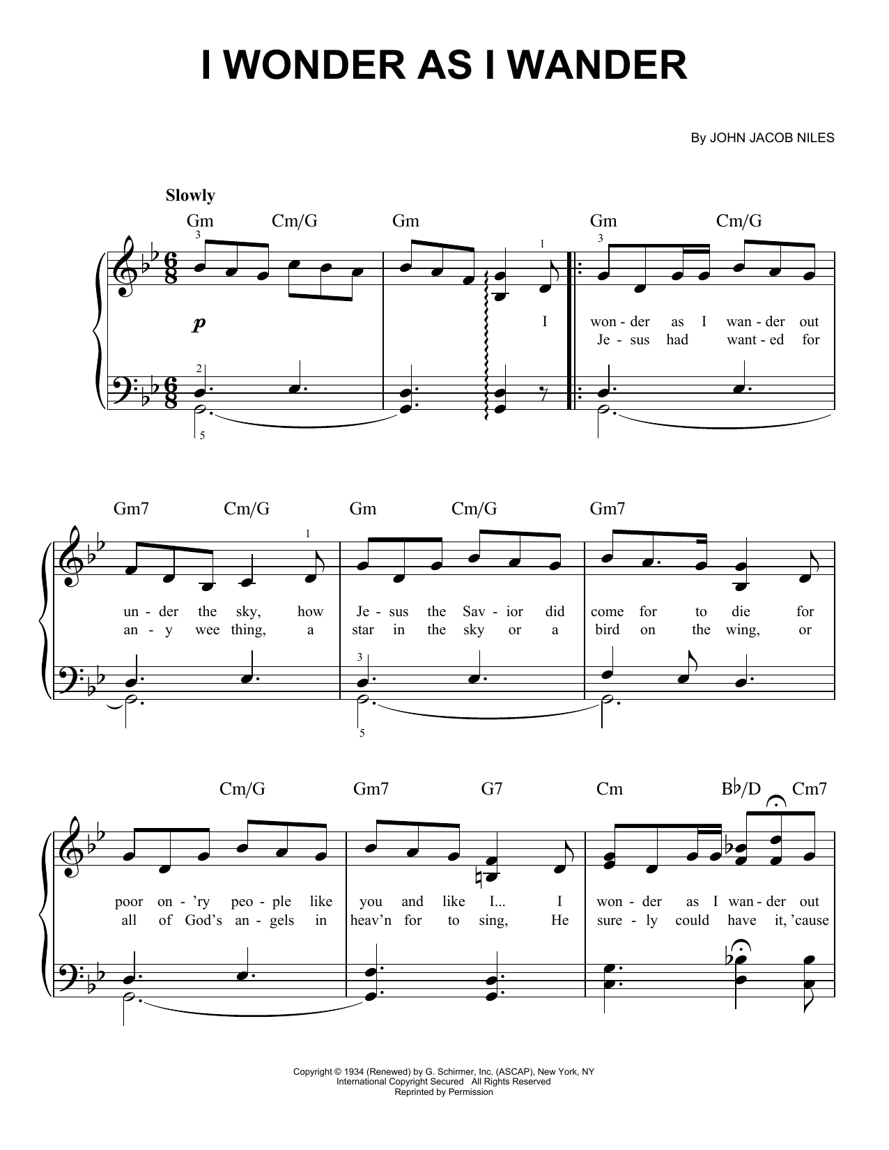 John Jacob Niles I Wonder As I Wander Sheet Music Notes & Chords for Piano - Download or Print PDF