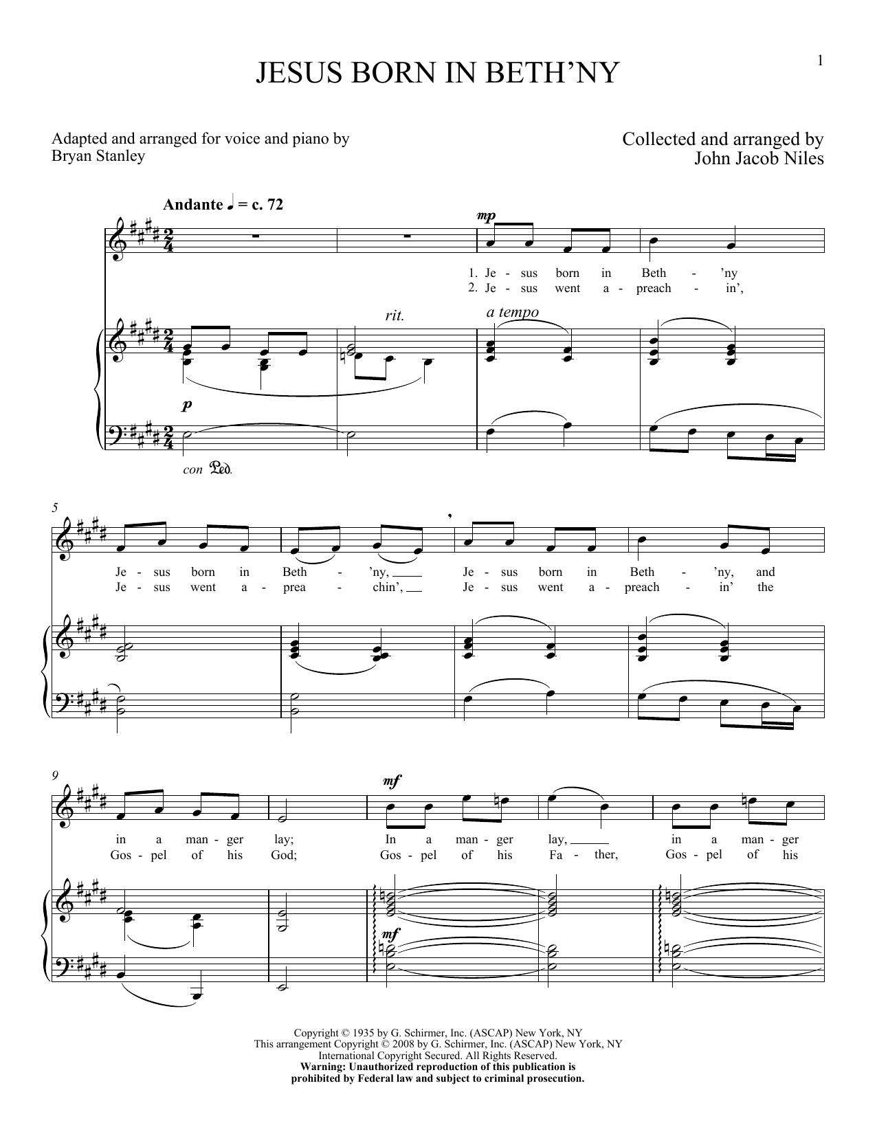John Jacob Niles Jesus Born In Beth'ny Sheet Music Notes & Chords for Piano & Vocal - Download or Print PDF