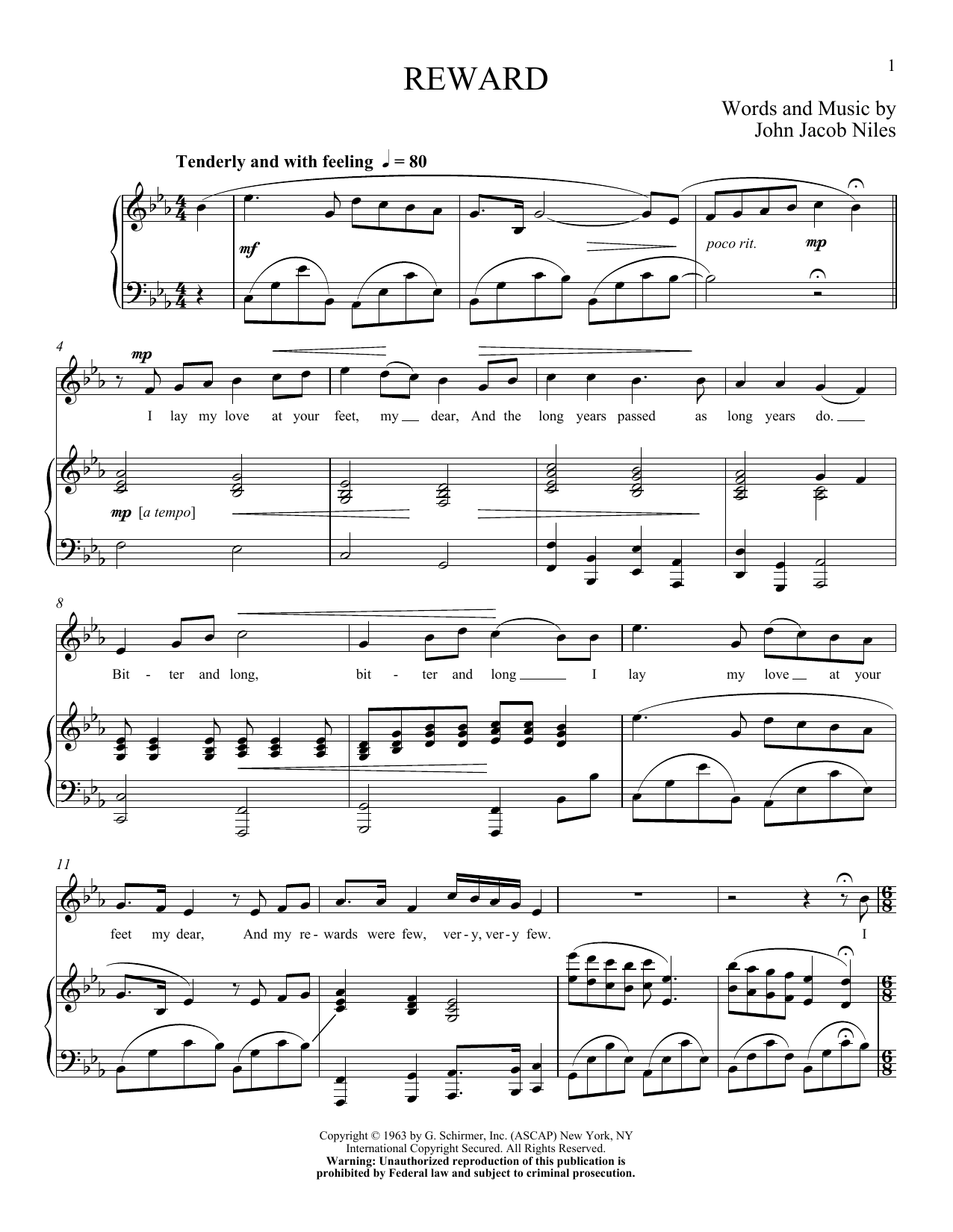 John Jacob Niles Reward Sheet Music Notes & Chords for Piano & Vocal - Download or Print PDF